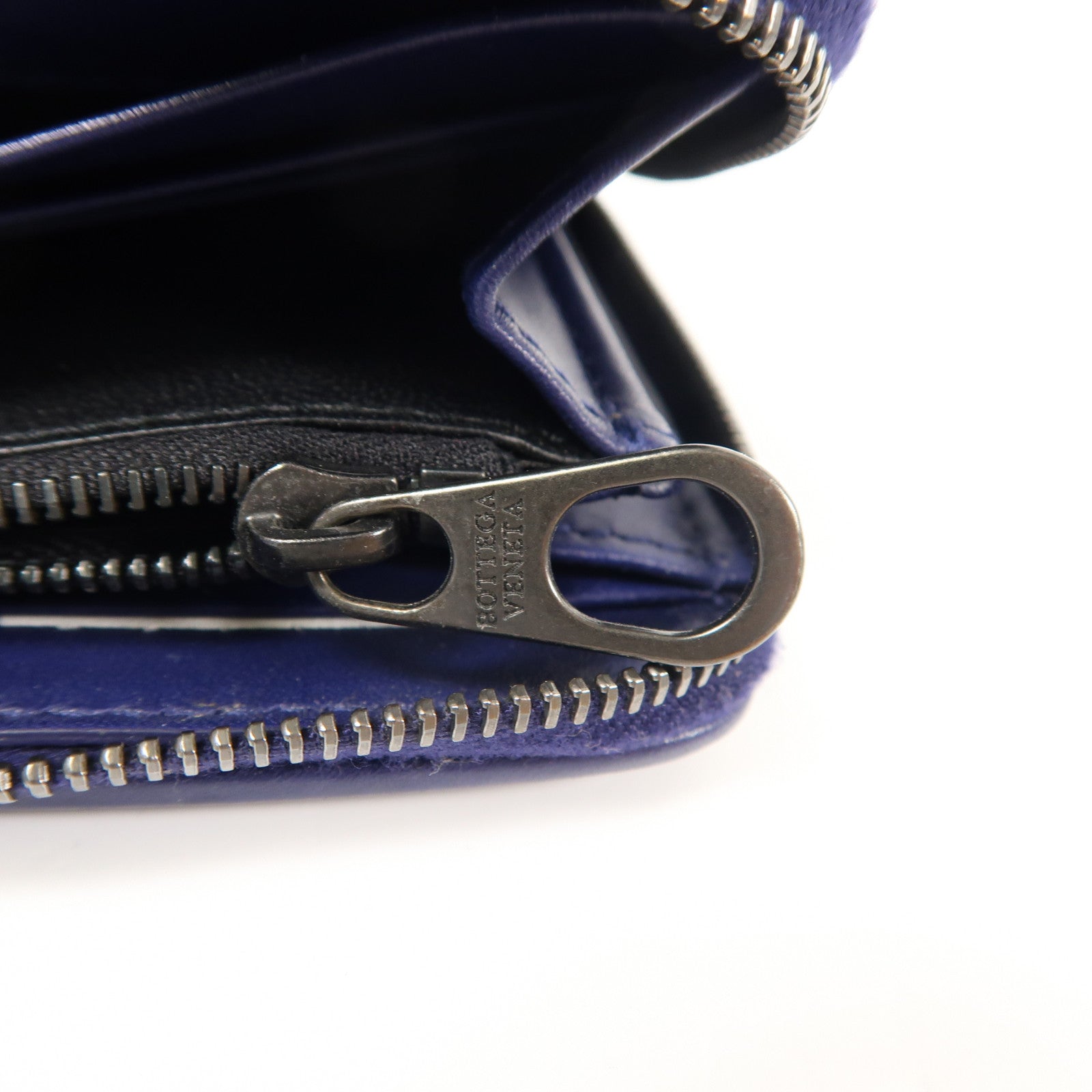 BOTTEGA VENETA 織紋羊皮皮革Zipper Long Wallet銀扣長錢包深藍色