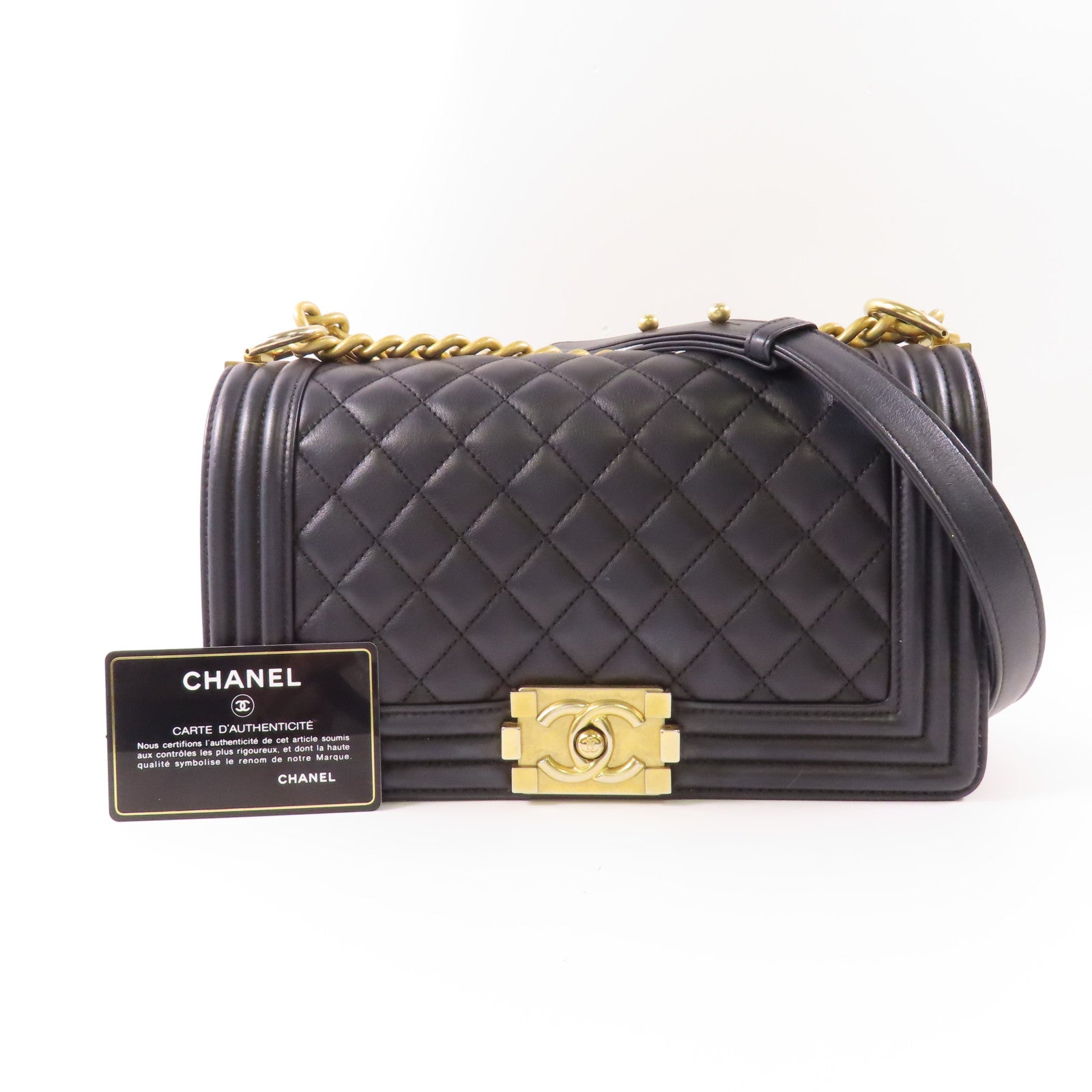 CHANEL 羊皮皮革Boy 25cm金扣鏈帶肩背袋