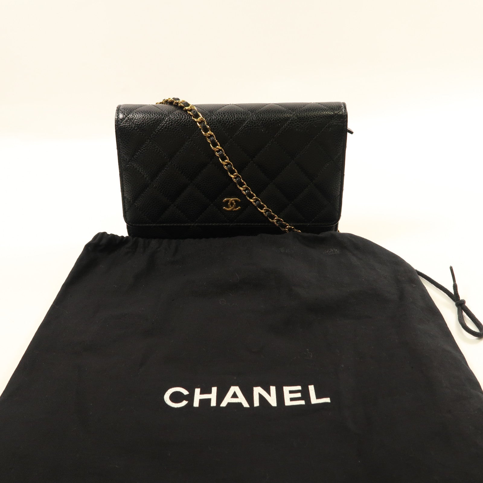 CHANEL 牛皮皮革Wallet On Chain金扣鏈帶肩背袋黑色
