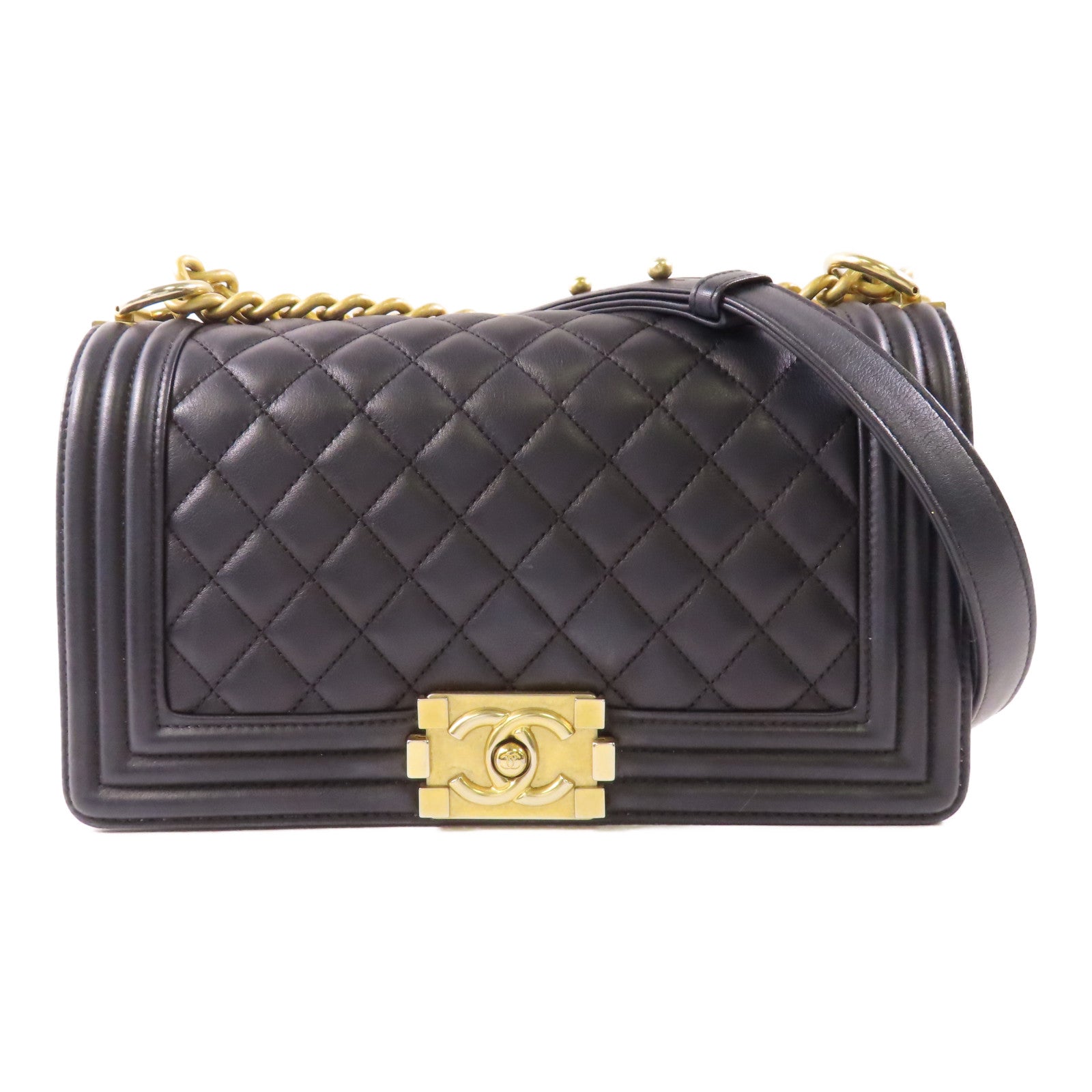 CHANEL 羊皮皮革Boy 25cm金扣鏈帶肩背袋