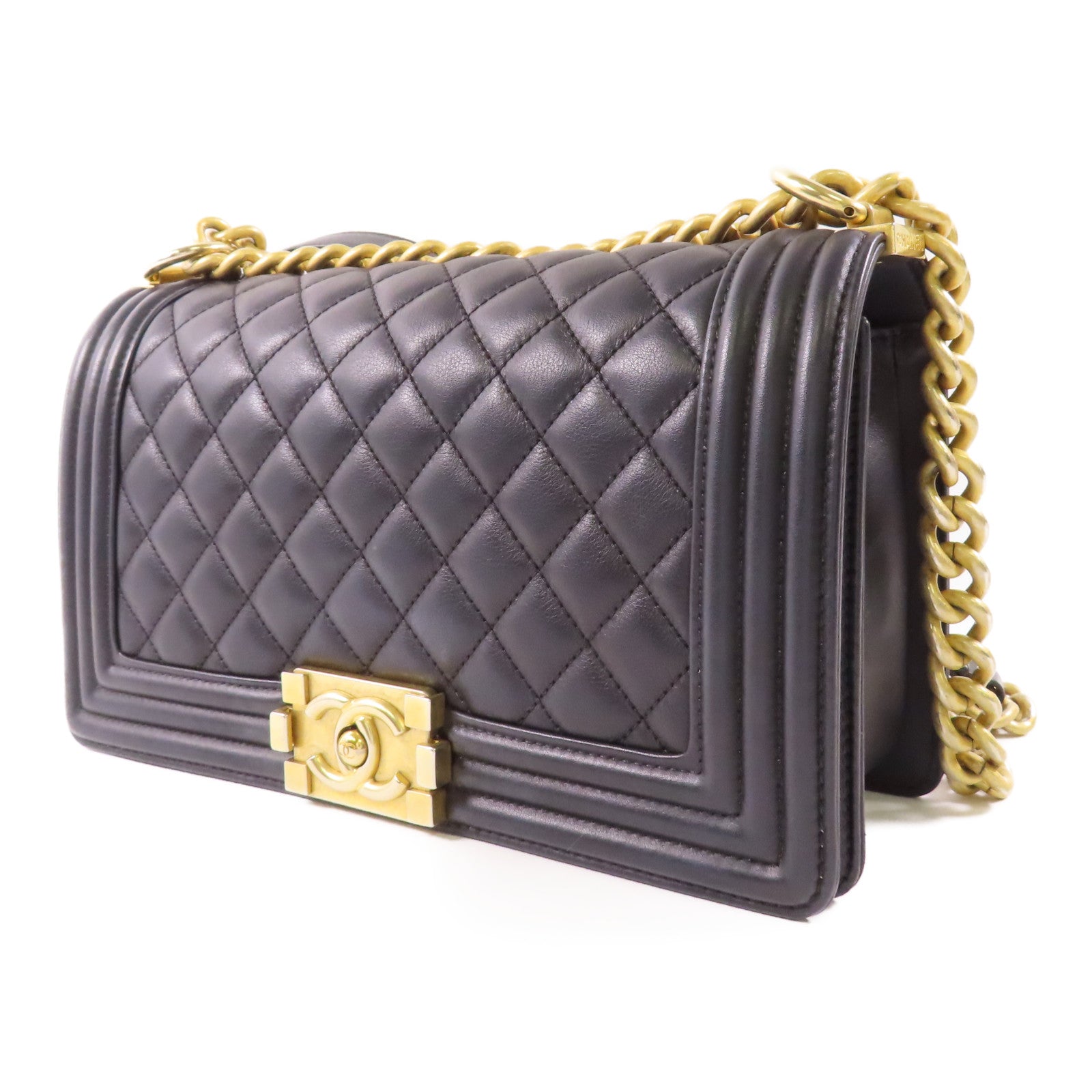 CHANEL 羊皮皮革Boy 25cm金扣鏈帶肩背袋