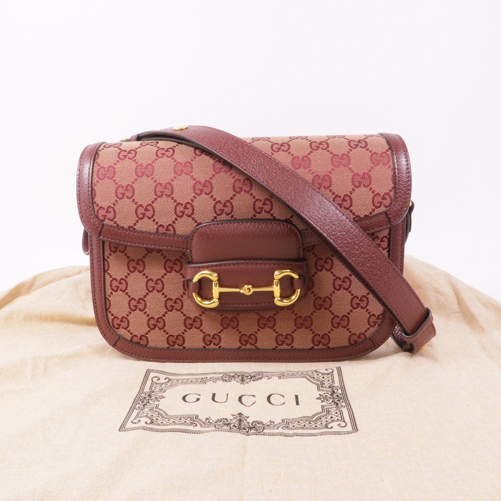 GUCCI 塗層帆布Horsebit 1955金扣肩背袋