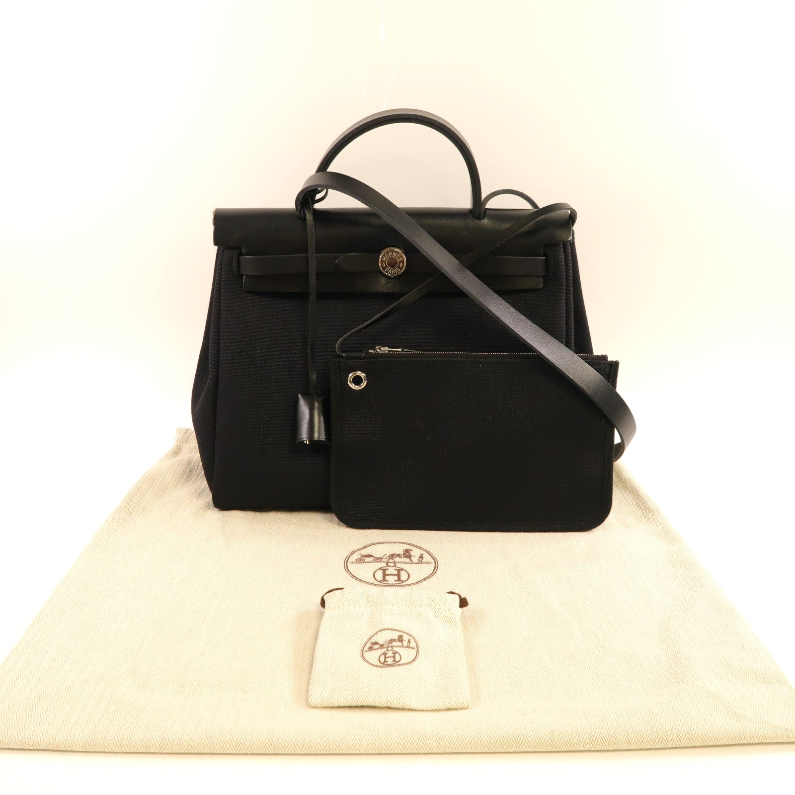 HERMES 【激減優惠】帆布Herbag PM銀扣手挽肩背兩用袋黑色