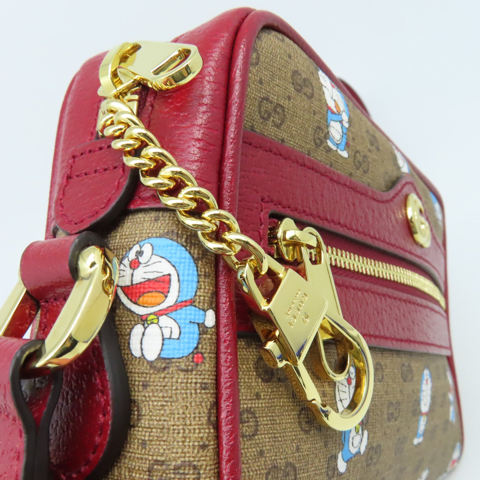 GUCCI 【激減優惠】塗層帆布Doraemon Mini Shoulder Bag金扣肩背袋啡色/酒紅色