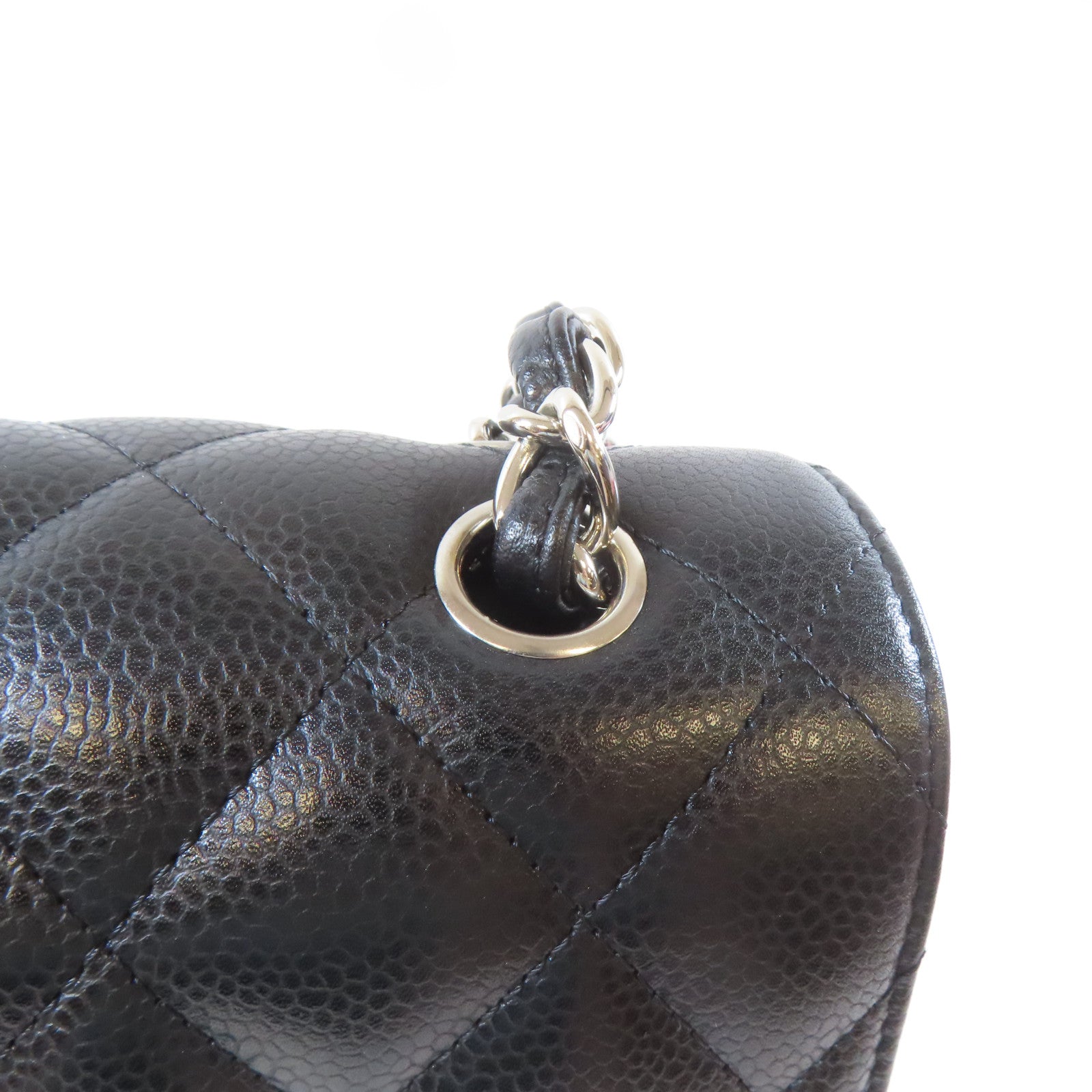 CHANEL 菱格Caviar皮革Classic銀扣鏈帶肩背袋黑色
