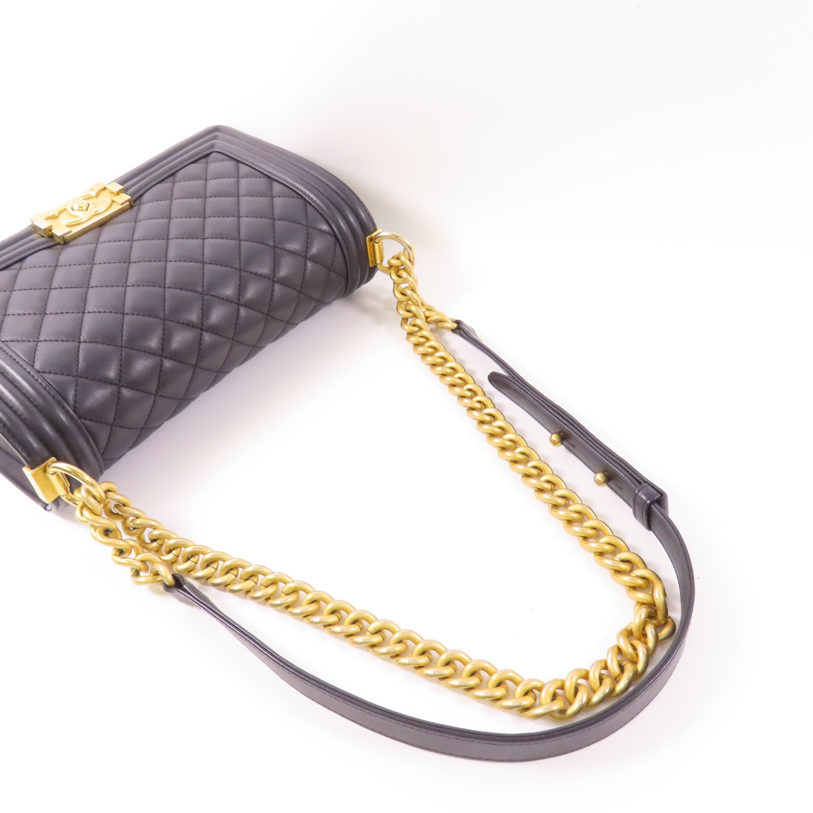 CHANEL 羊皮皮革Boy 25cm金扣鏈帶肩背袋