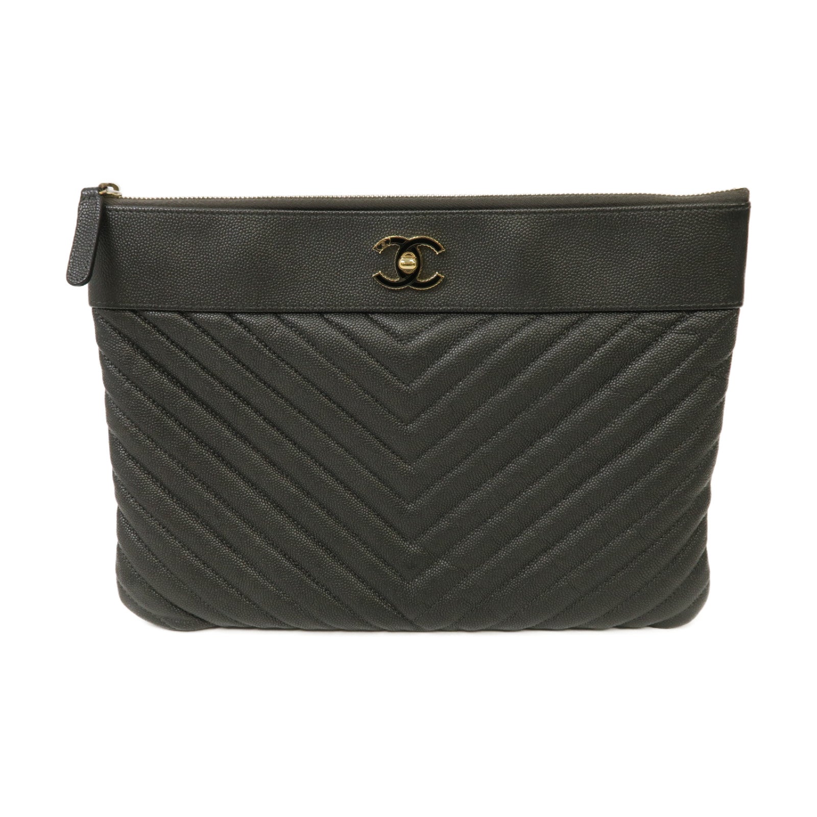 CHANEL Caviar皮革Clutch Bag金扣手拿包灰色