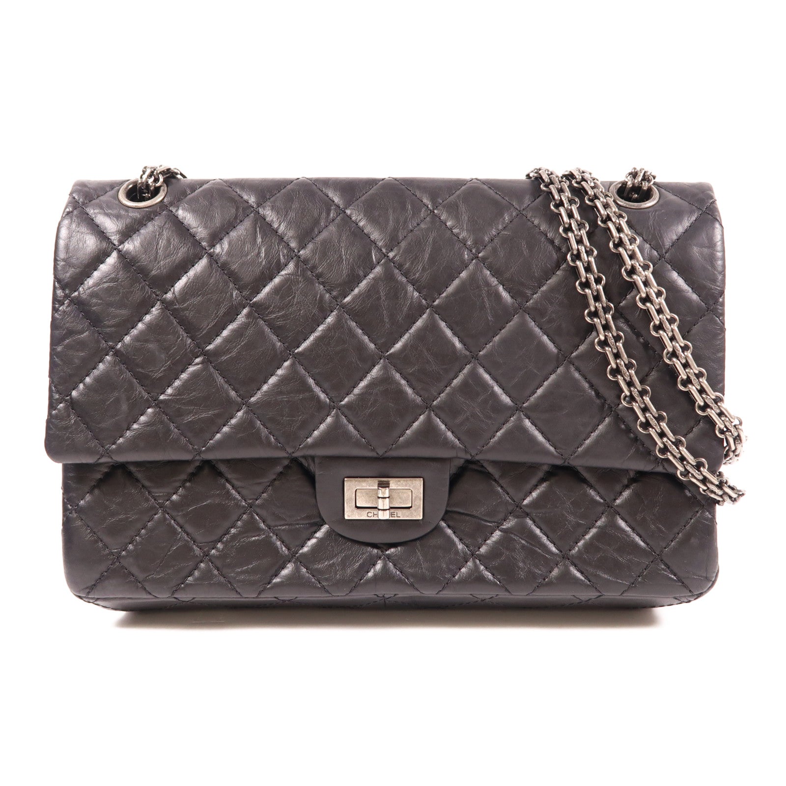 CHANEL 牛皮皮革2.55 Chain Shoulder銀扣鏈帶肩背袋