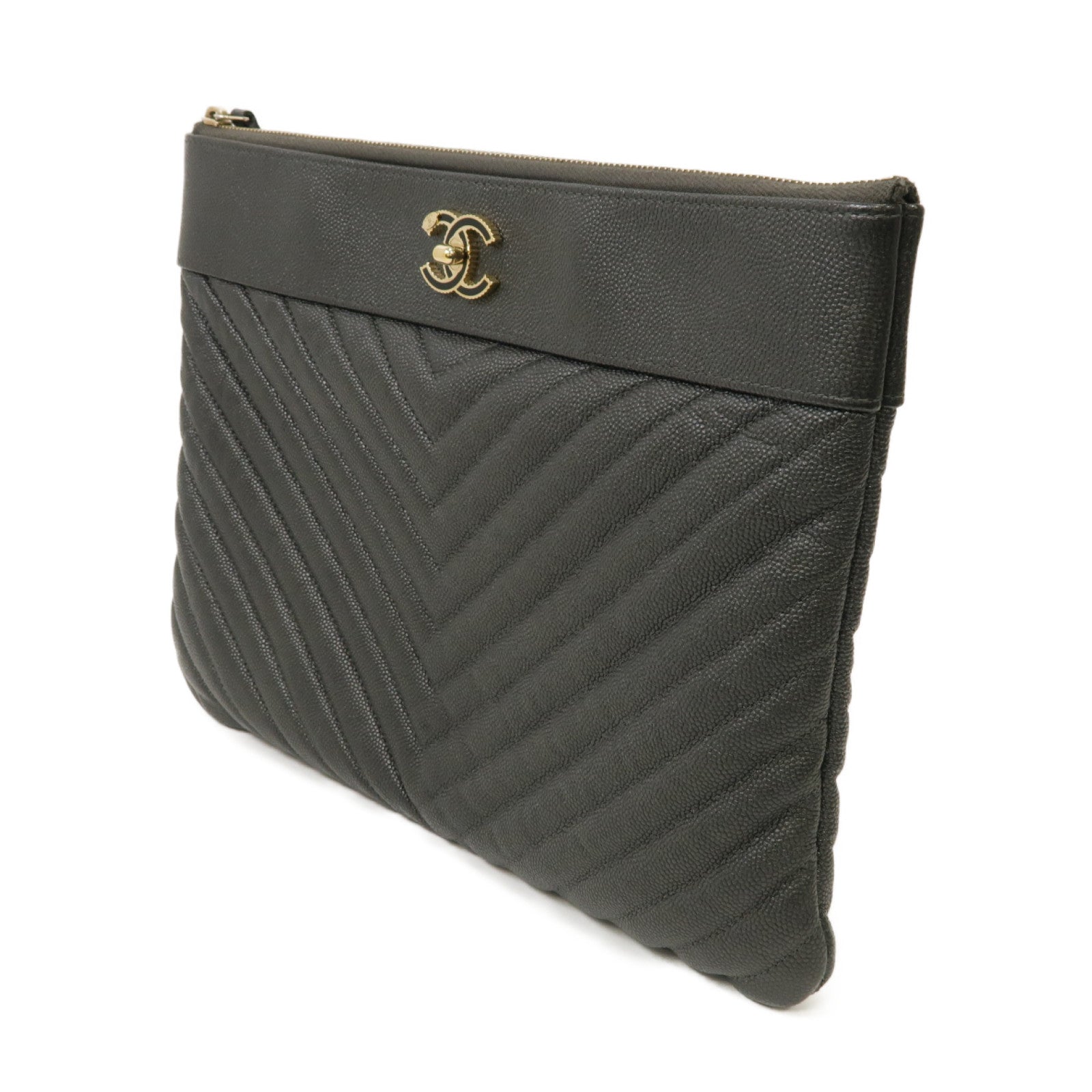 CHANEL Caviar皮革Clutch Bag金扣手拿包灰色