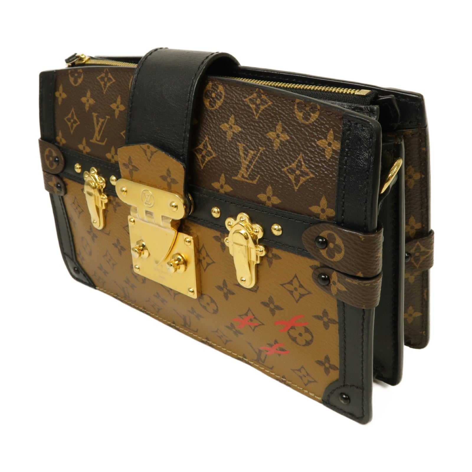 LOUIS VUITTON Monogram Reverse Trunk Clutch金扣棕色/黒色