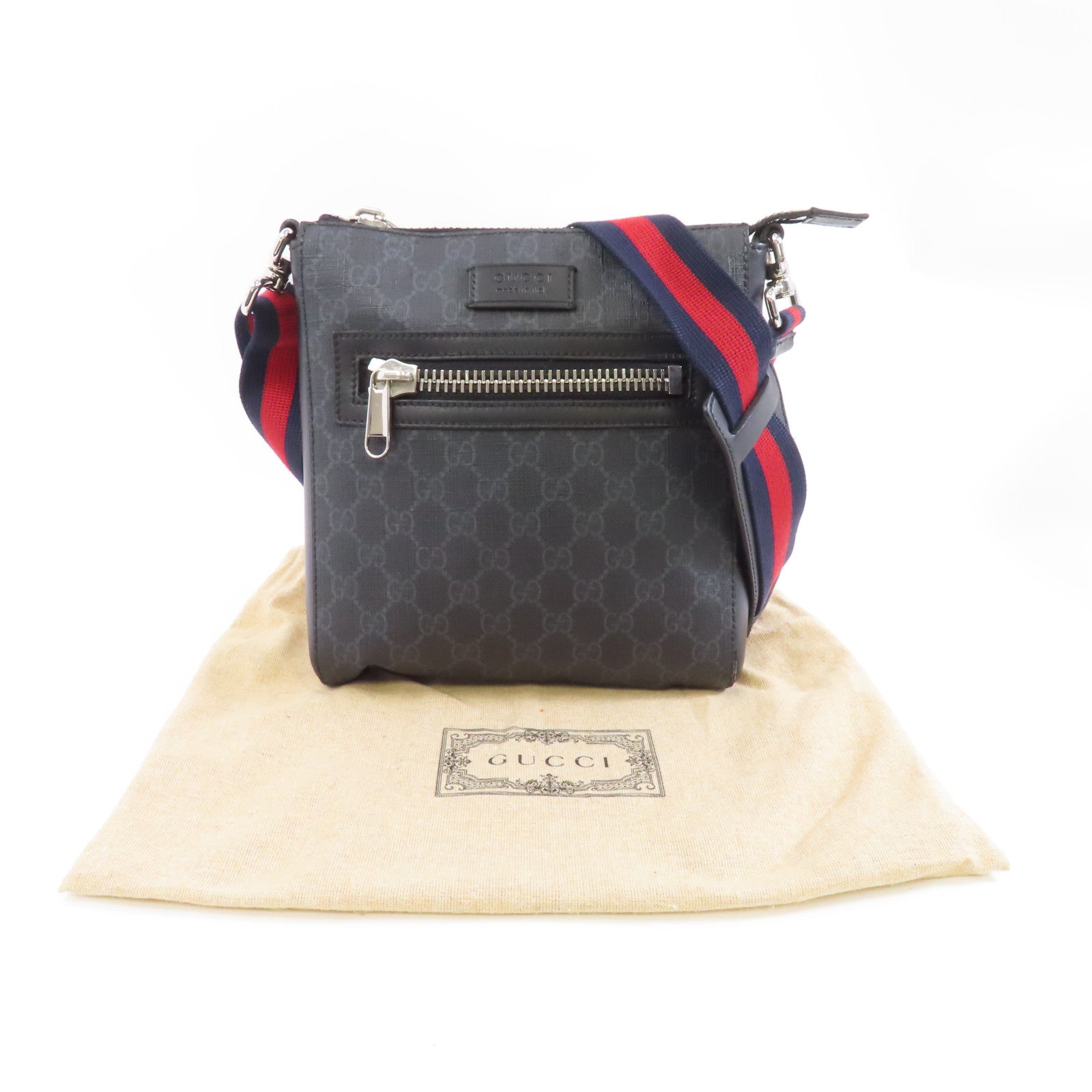 GUCCI 塗層帆布Messenger Bag銀扣肩背袋黑色