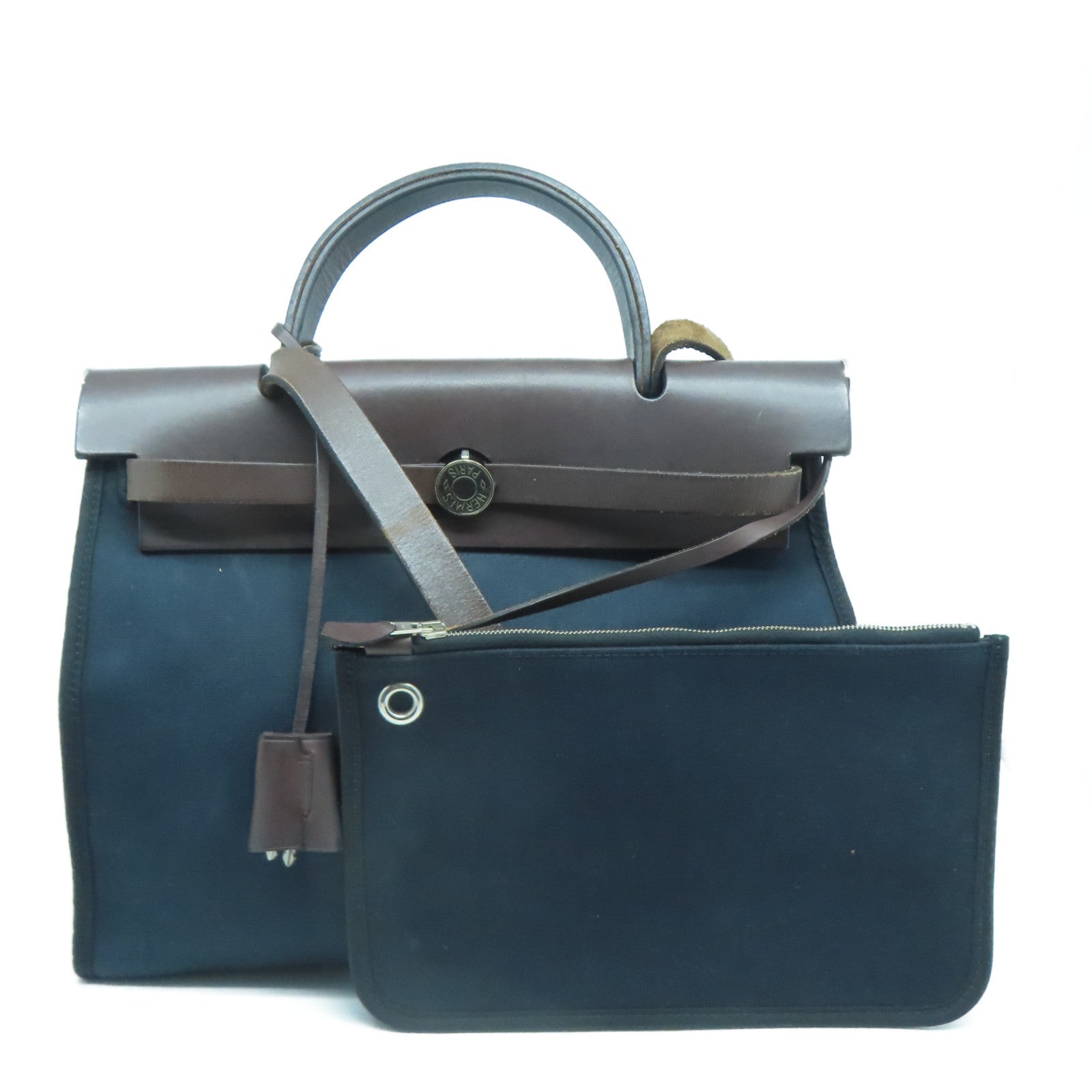 HERMES 【激減優惠】帆布/皮革Herbag PM銀扣手挽肩背兩用袋深藍色/啡色