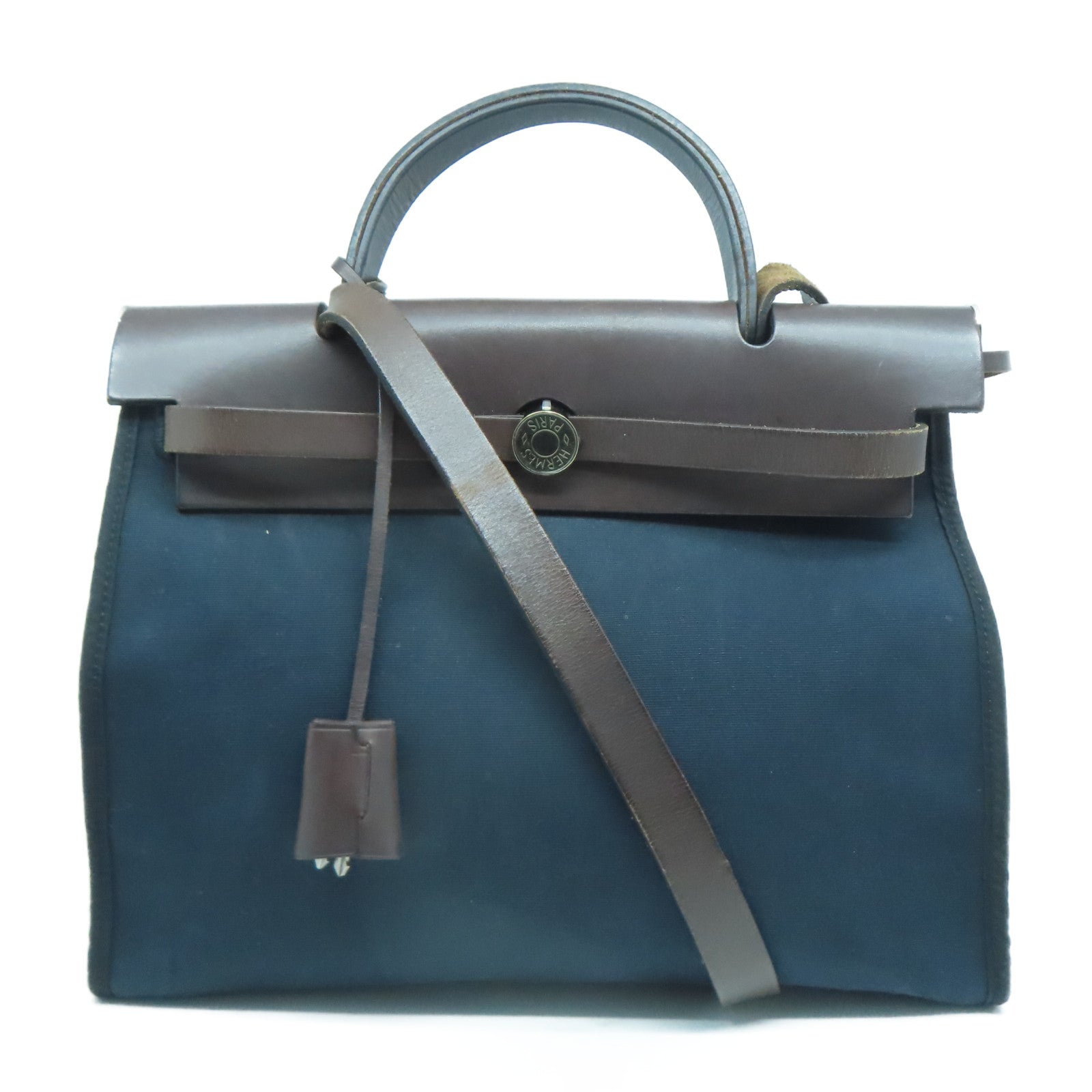HERMES 【激減優惠】帆布/皮革Herbag PM銀扣手挽肩背兩用袋深藍色/啡色