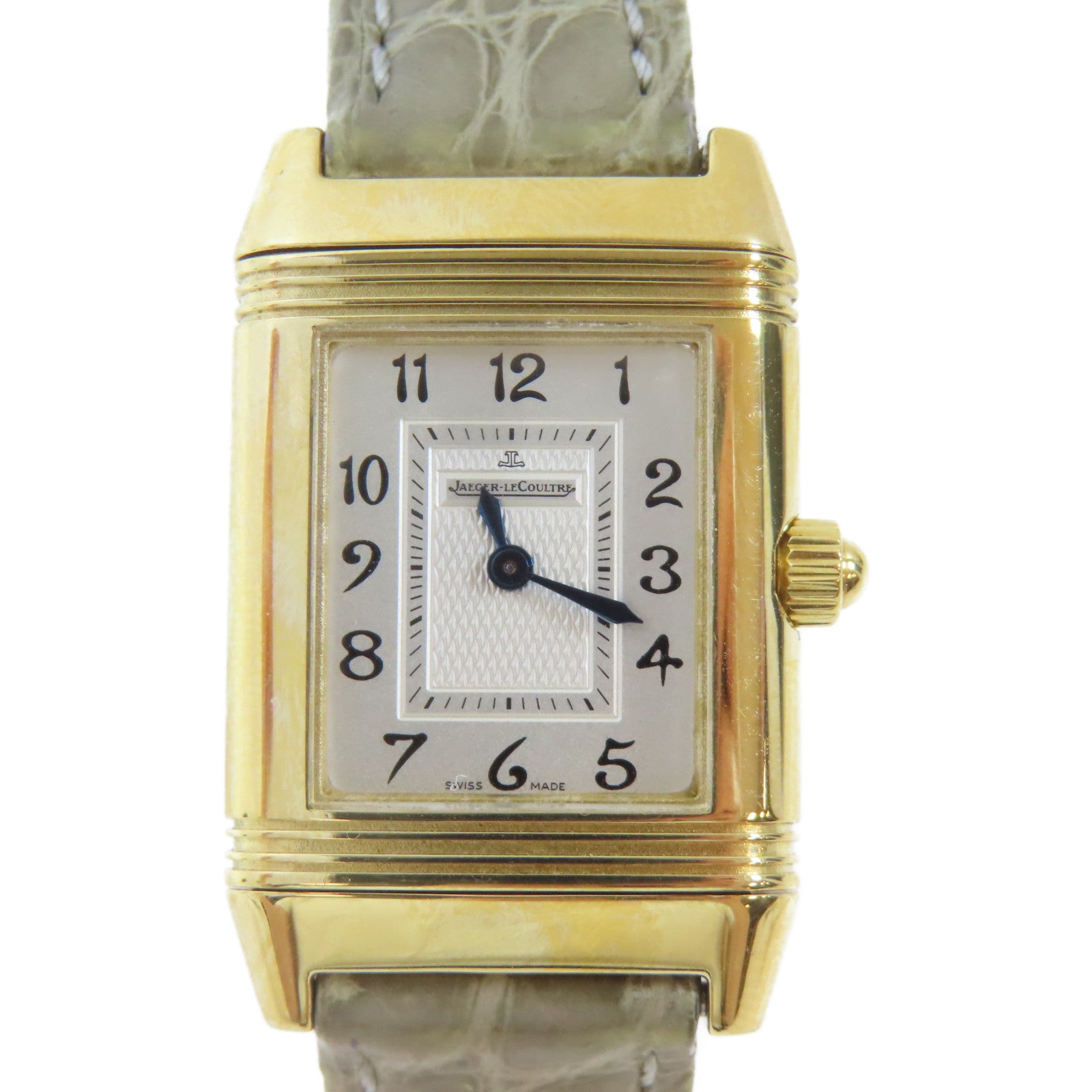 JAEGER-LECOULTRE Reverso Duetto18K黃金/鱷魚皮革手錶自動機芯銀色#15.25cm