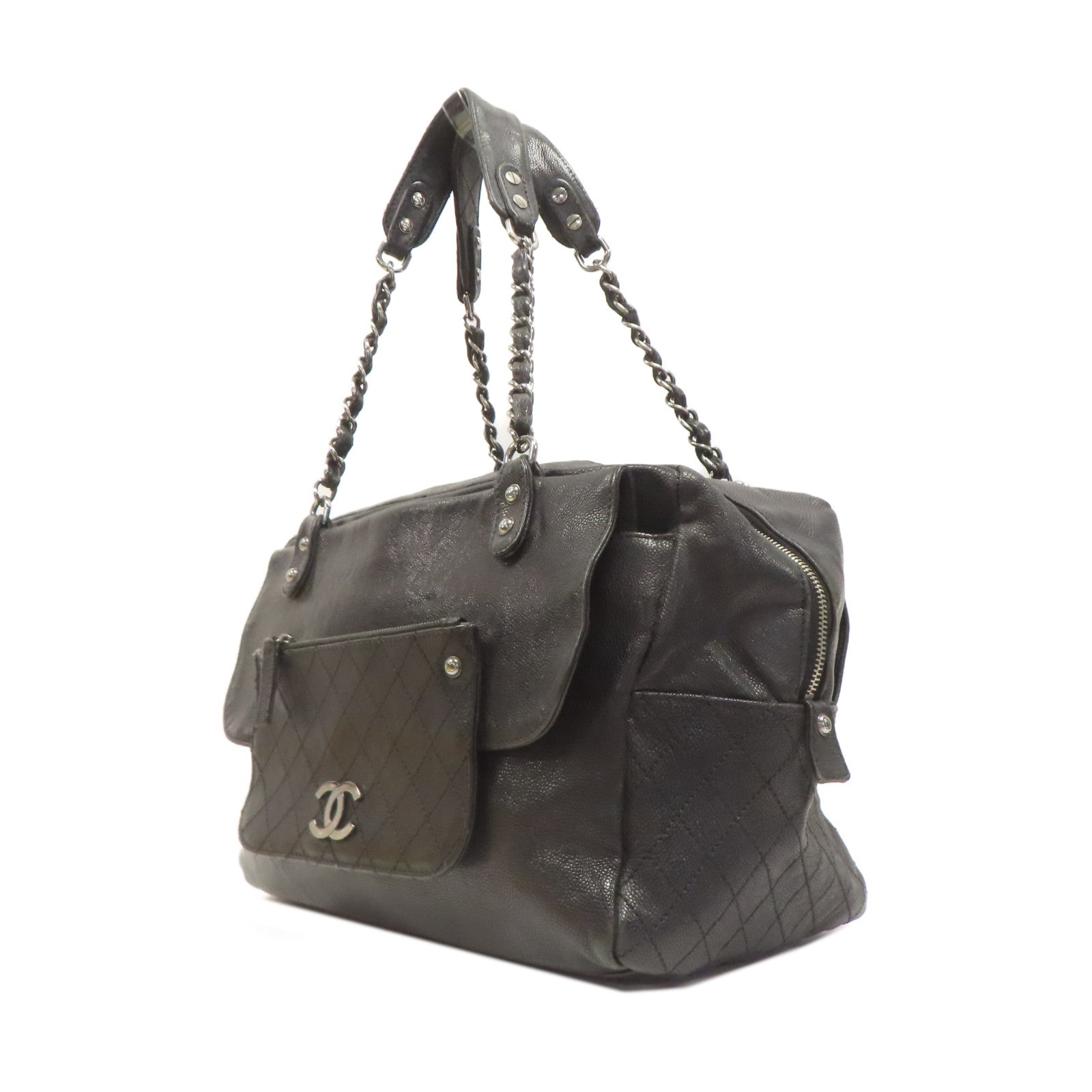 CHANEL 菱格Caviar皮革Chain Shoulder銀扣肩背袋黑色