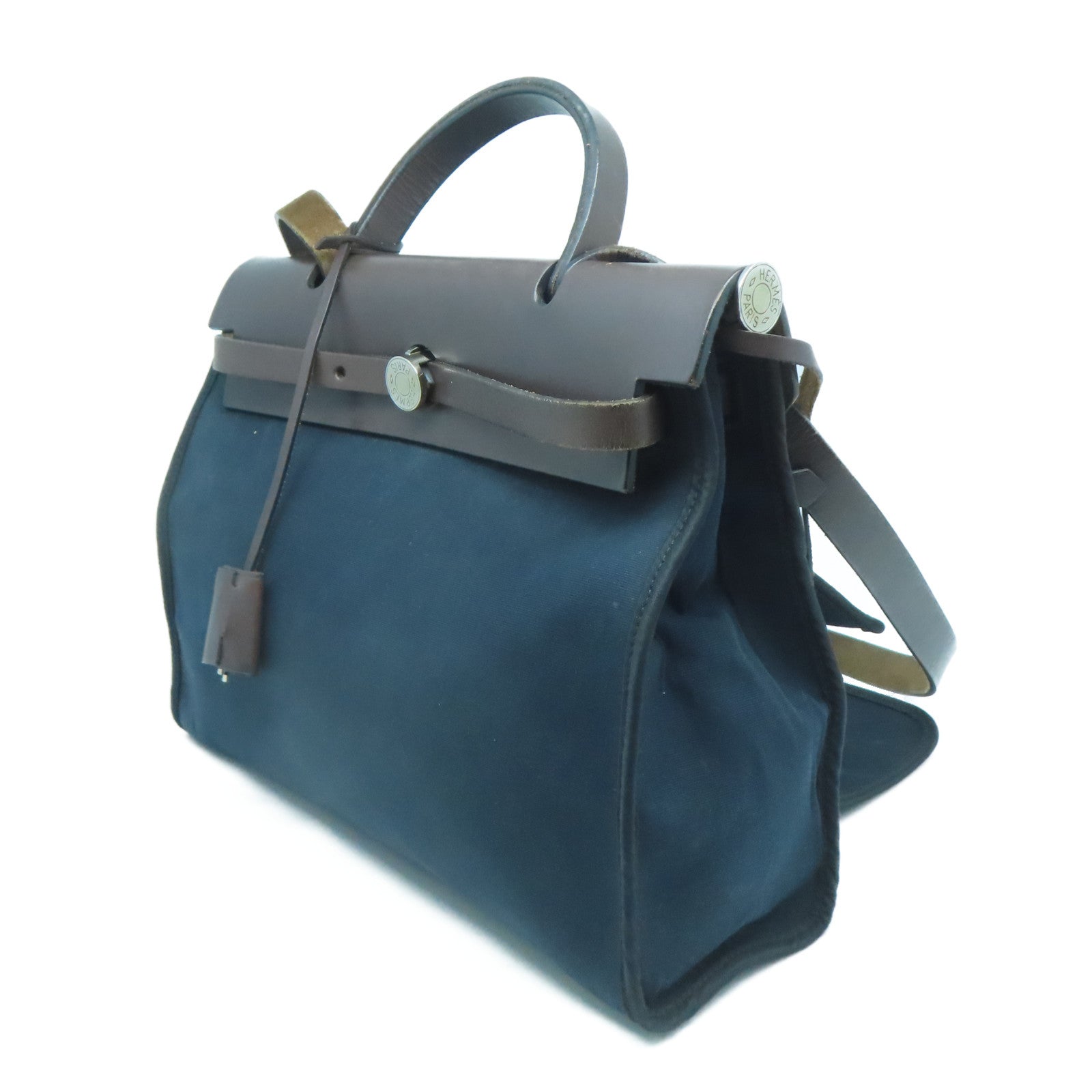 HERMES 【激減優惠】帆布/皮革Herbag PM銀扣手挽肩背兩用袋深藍色/啡色