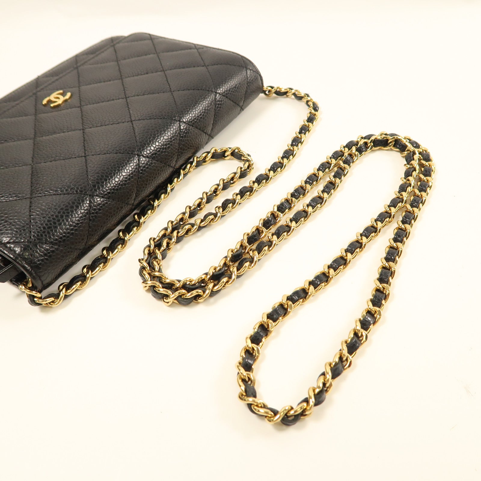 CHANEL 牛皮皮革Wallet On Chain金扣鏈帶肩背袋黑色