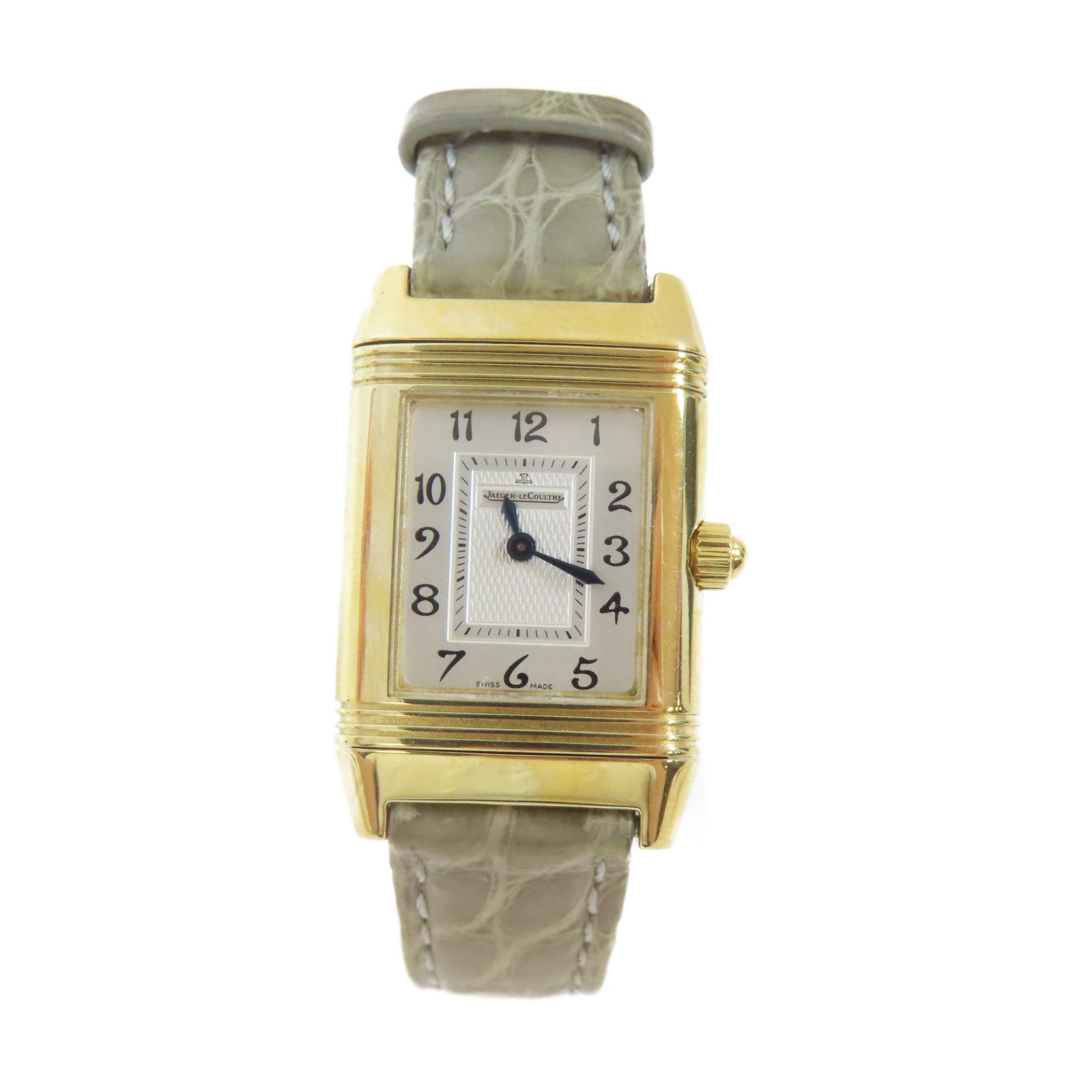 JAEGER-LECOULTRE Reverso Duetto18K黃金/鱷魚皮革手錶自動機芯銀色#15.25cm