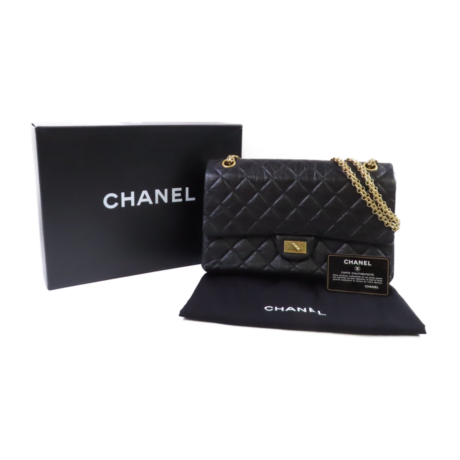 CHANEL 菱格羊皮皮革2.55 Medium Chain Shoulder Bag金扣鏈帶肩背袋黑色