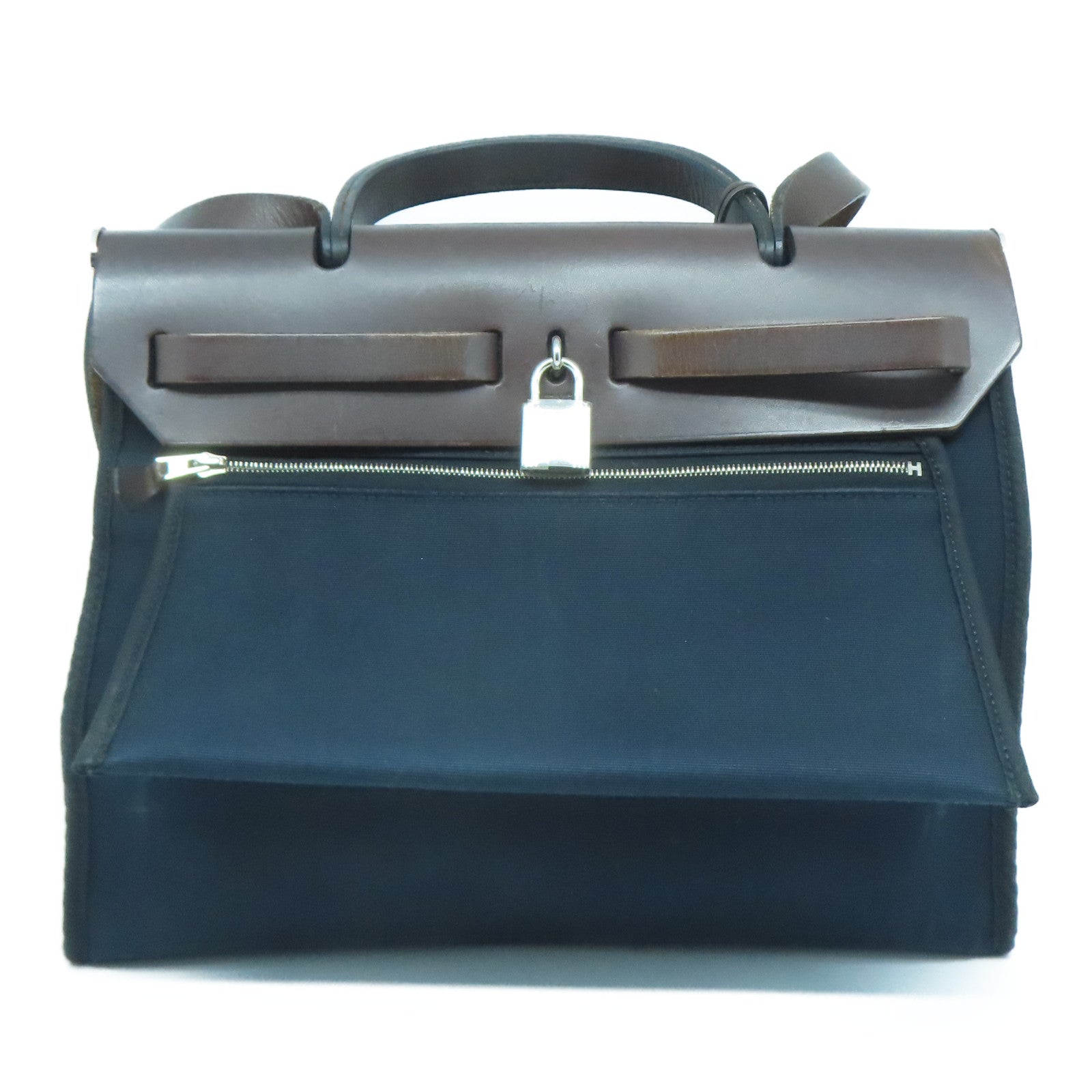 HERMES 【激減優惠】帆布/皮革Herbag PM銀扣手挽肩背兩用袋深藍色/啡色