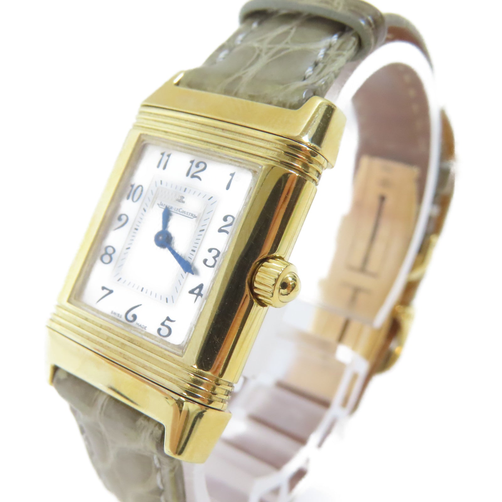 JAEGER-LECOULTRE Reverso Duetto18K黃金/鱷魚皮革手錶自動機芯銀色#15.25cm