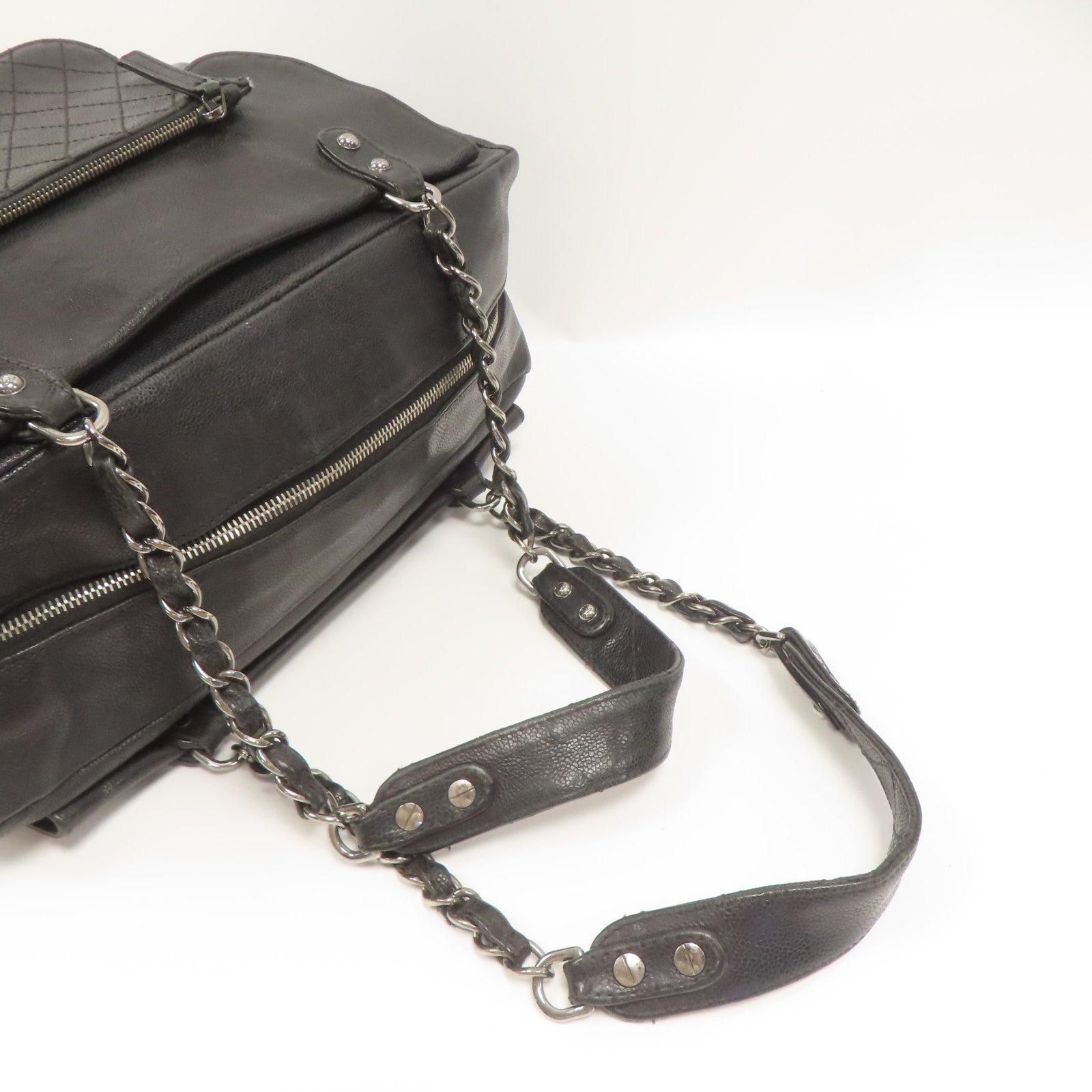 CHANEL 菱格Caviar皮革Chain Shoulder銀扣肩背袋黑色