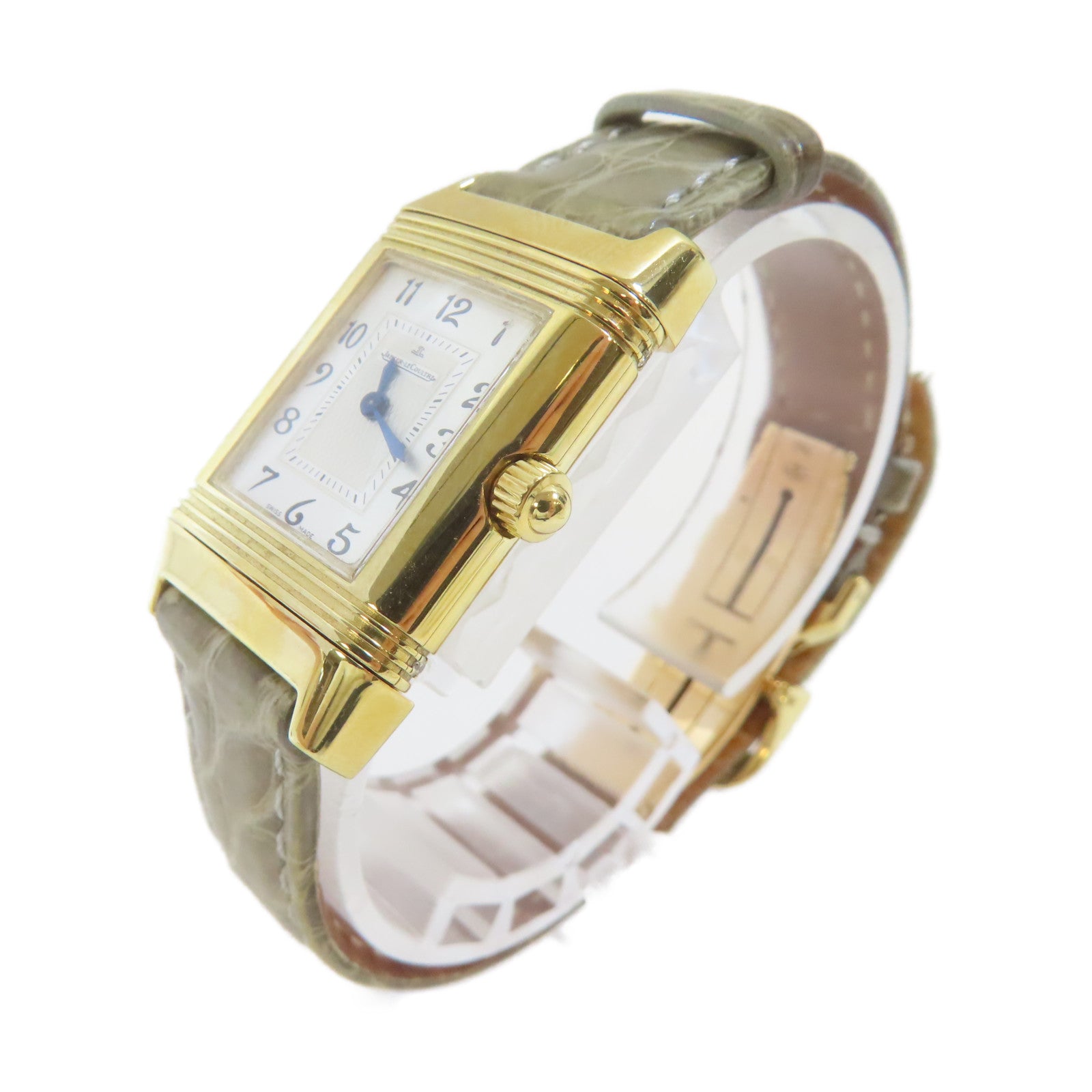 JAEGER-LECOULTRE Reverso Duetto18K黃金/鱷魚皮革手錶自動機芯銀色#15.25cm