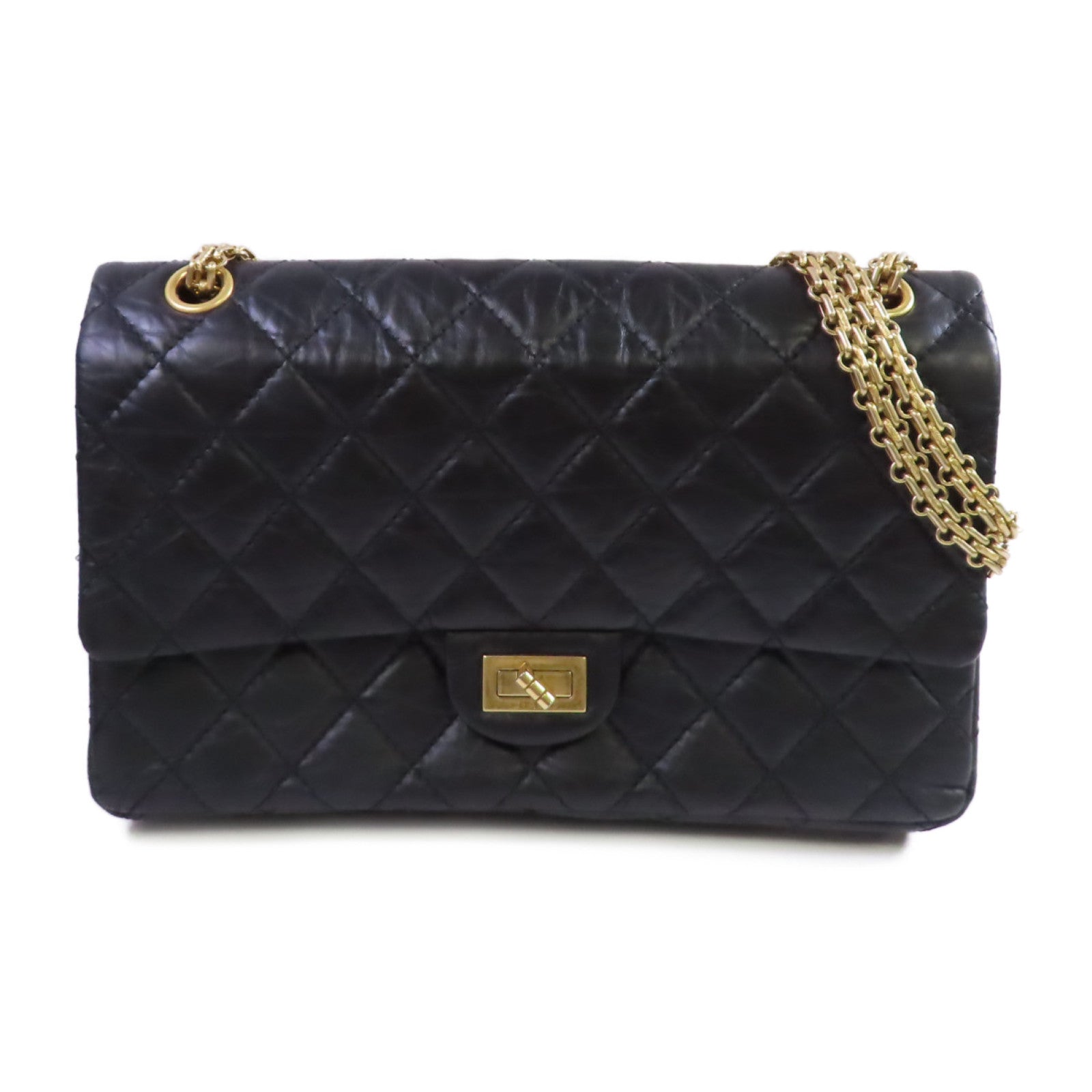 CHANEL 菱格羊皮皮革2.55 Medium Chain Shoulder Bag金扣鏈帶肩背袋黑色