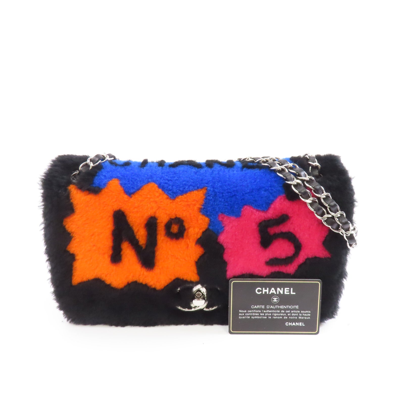CHANEL 剪羊毛/羊皮皮革Pop Art No.5銀扣鏈帶肩背袋黑色/彩色