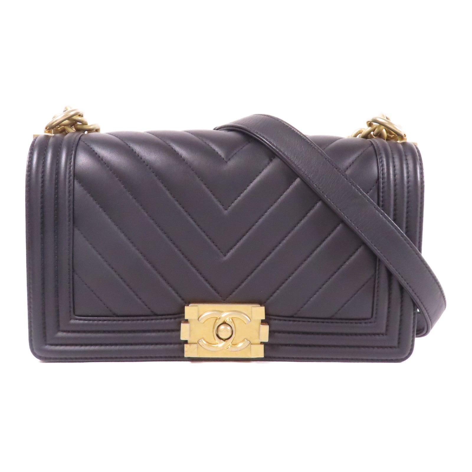 CHANEL CC GHW Boy 25 Chain Shoulder Bag Lambskin Leather Black