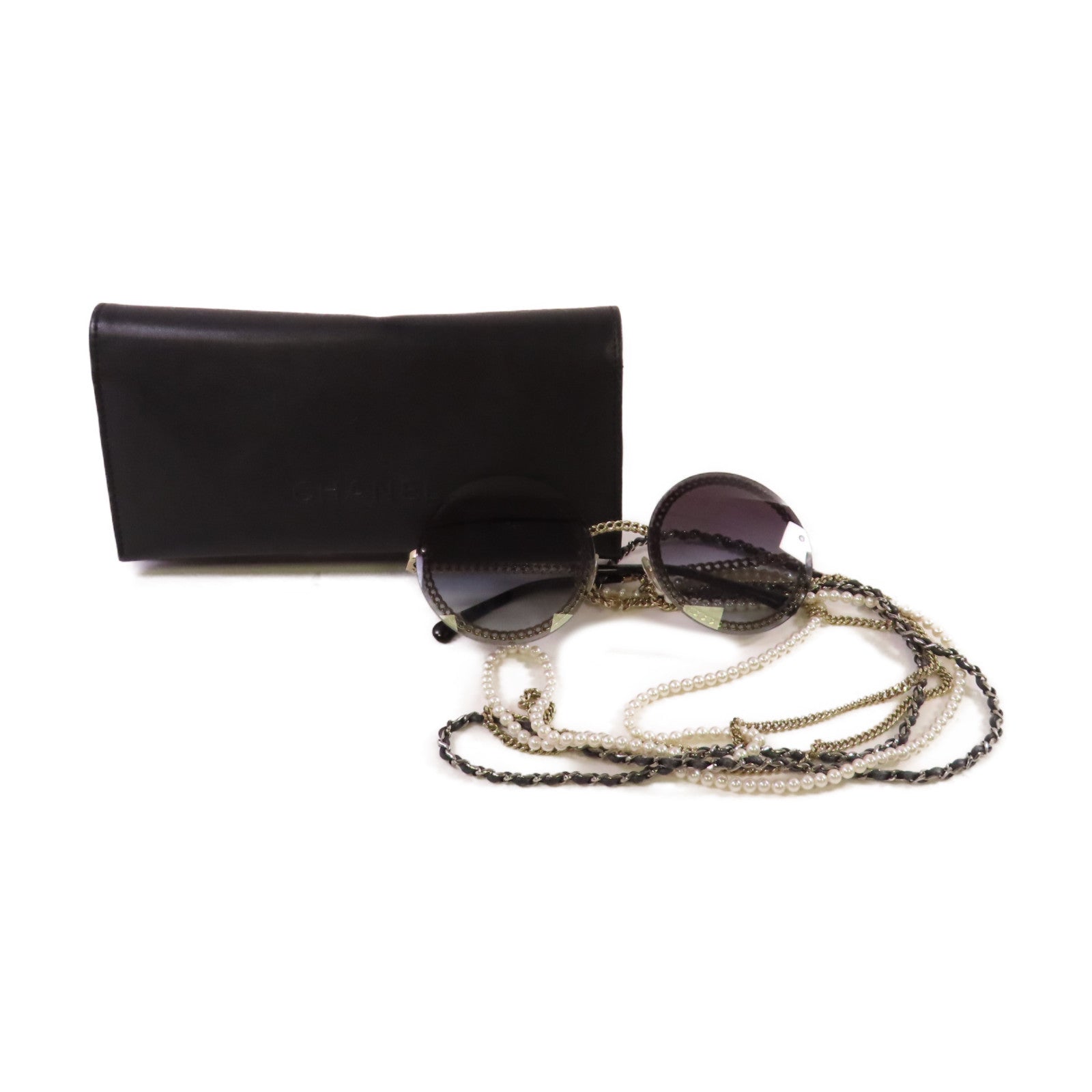CHANEL 金屬/PVC/仿珍珠Sunglasses with Strap太陽眼鏡黑色