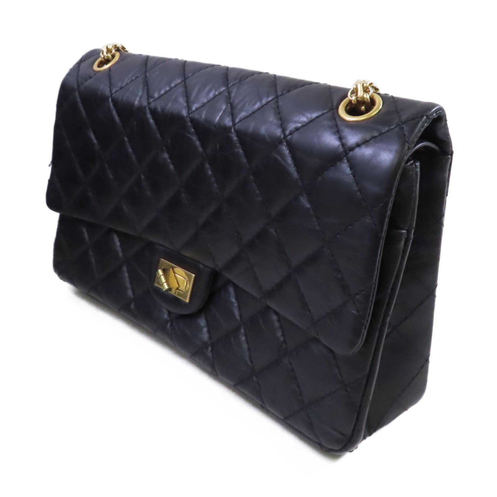 CHANEL 菱格羊皮皮革2.55 Medium Chain Shoulder Bag金扣鏈帶肩背袋黑色