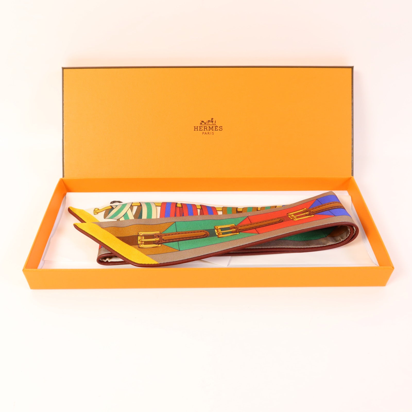 HERMES 絲質/皮革Twilly絲巾