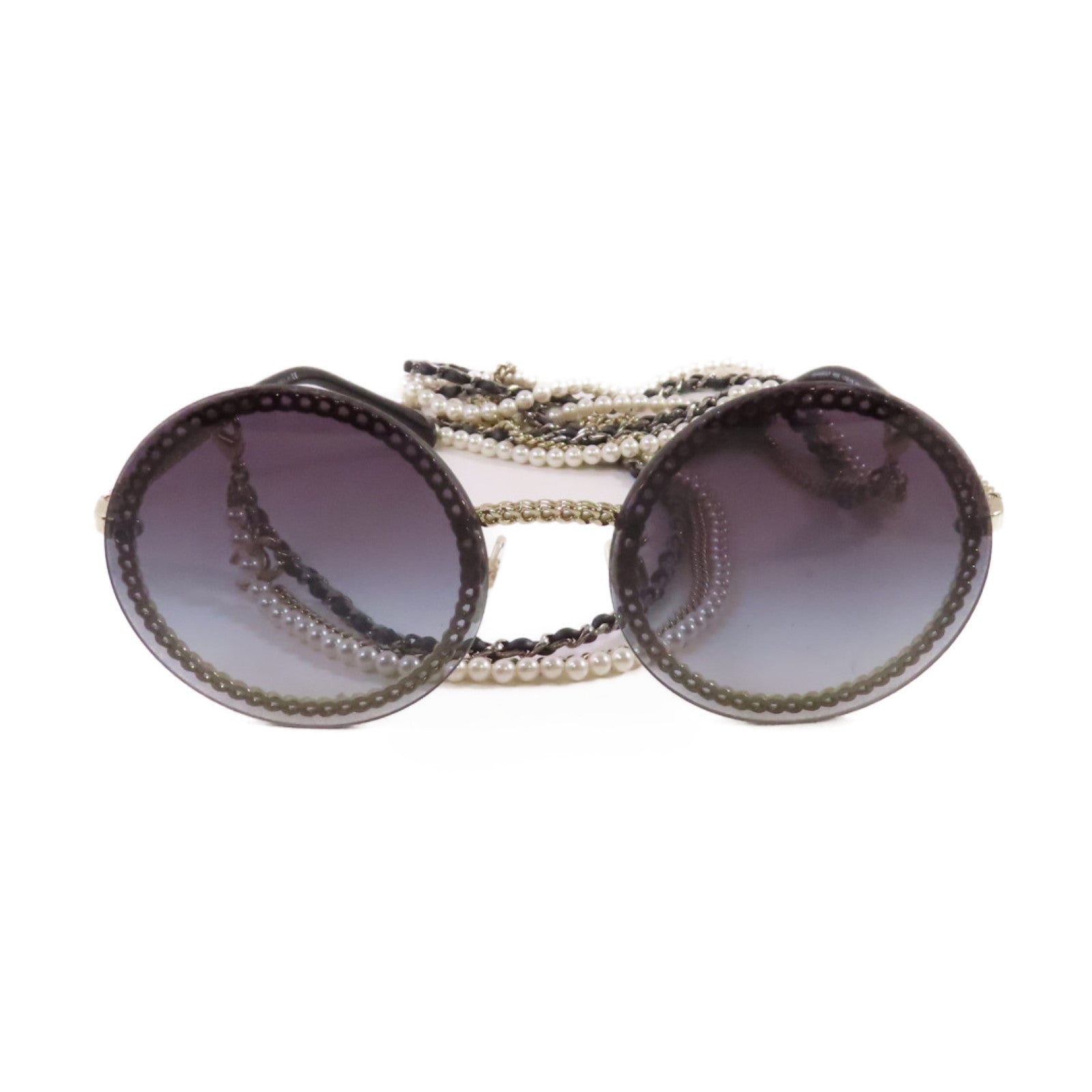 CHANEL 金屬/PVC/仿珍珠Sunglasses with Strap太陽眼鏡黑色