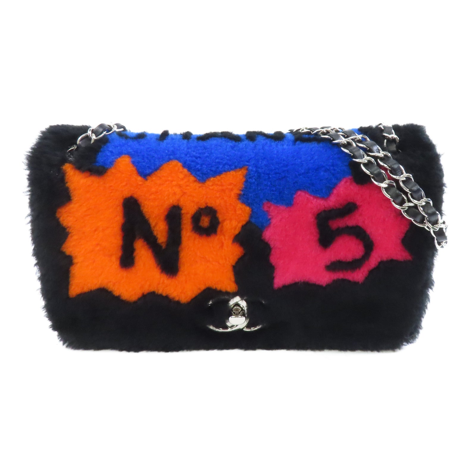 CHANEL 剪羊毛/羊皮皮革Pop Art No.5銀扣鏈帶肩背袋黑色/彩色