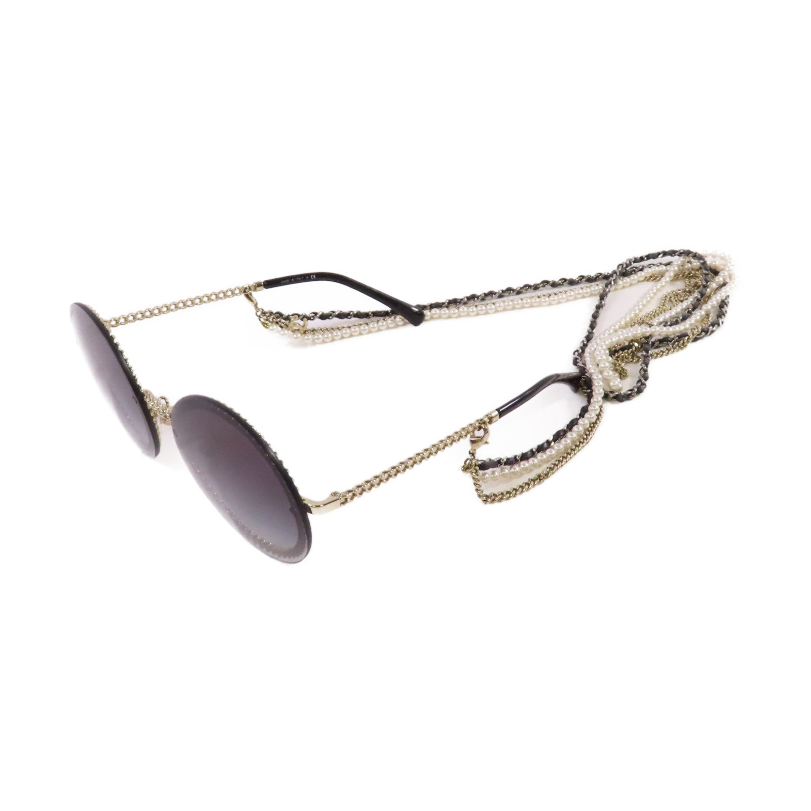 CHANEL 金屬/PVC/仿珍珠Sunglasses with Strap太陽眼鏡黑色