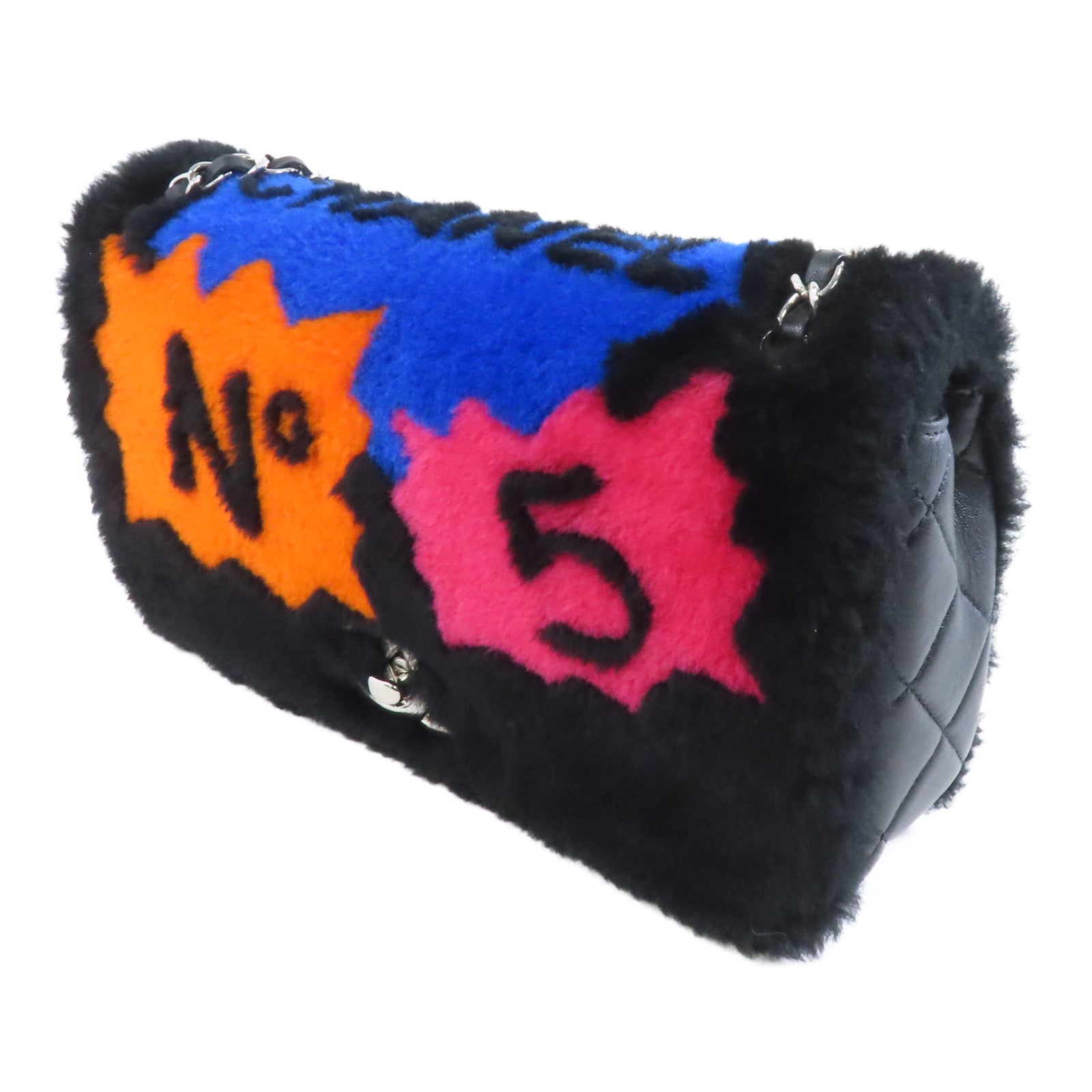 CHANEL 剪羊毛/羊皮皮革Pop Art No.5銀扣鏈帶肩背袋黑色/彩色