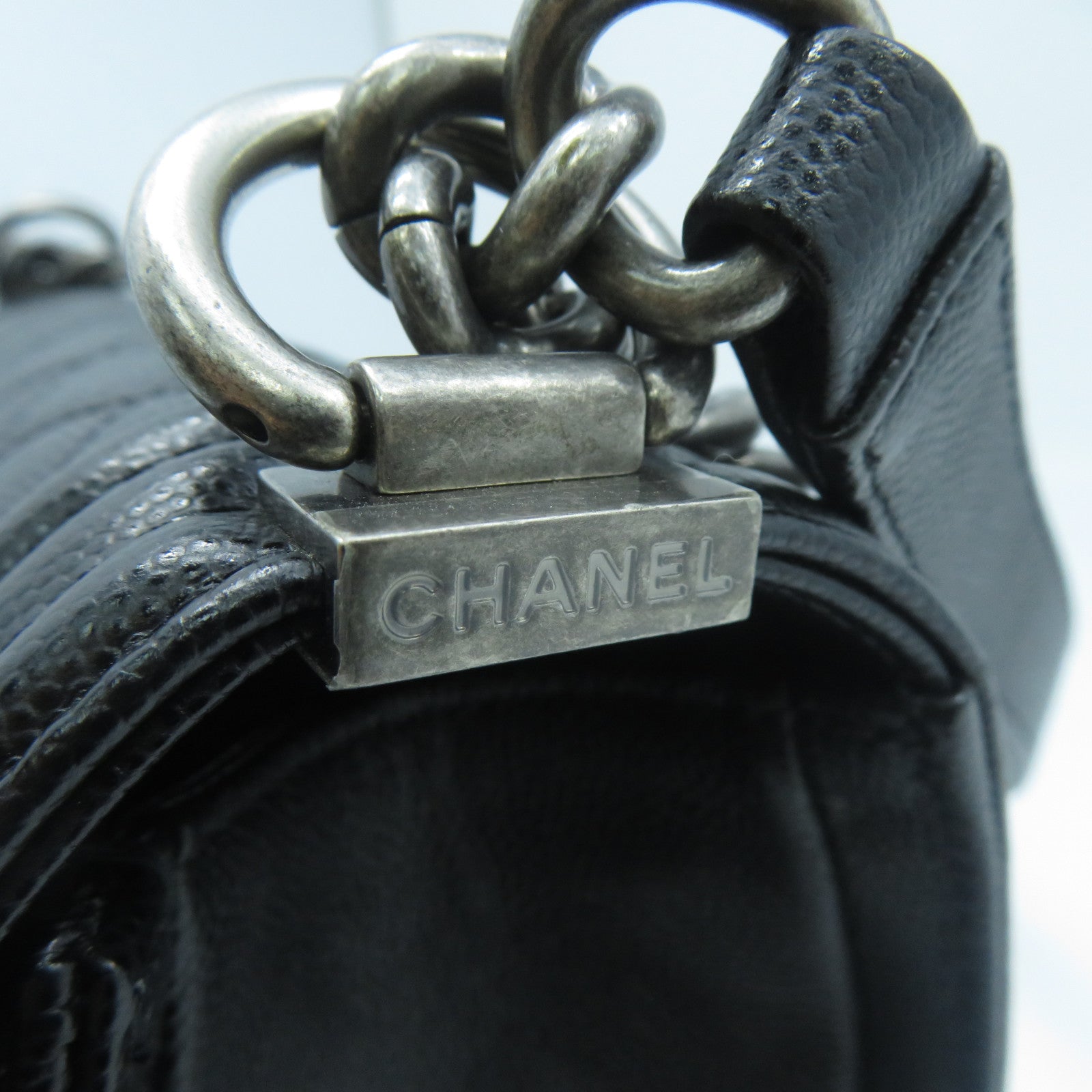 CHANEL 菱格Boy Chanel 25cm銀扣鏈帶肩背袋黑色