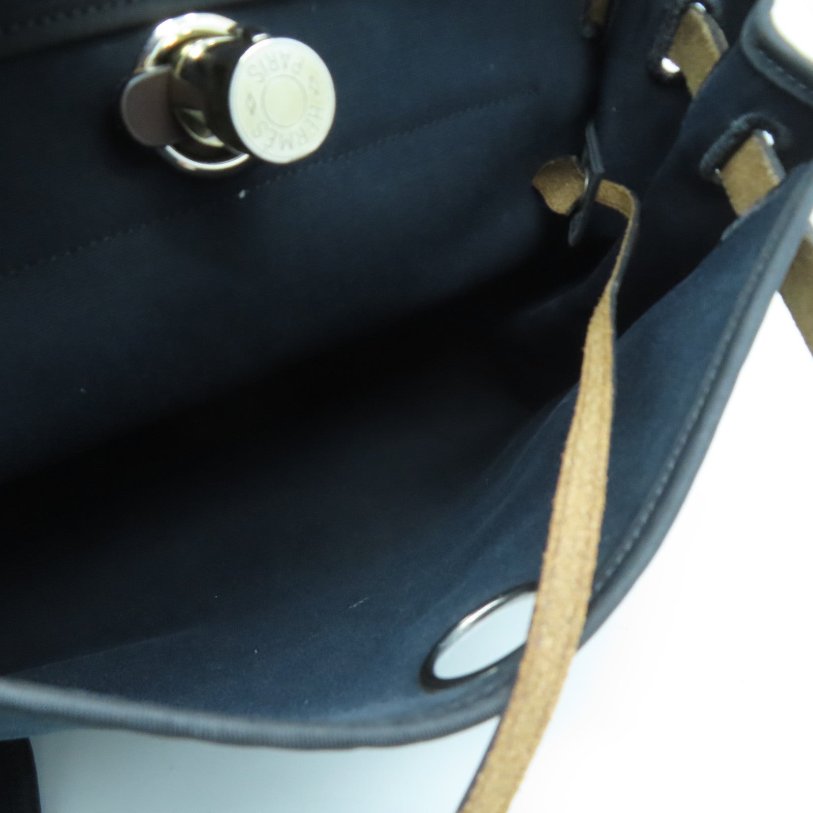 HERMES 【激減優惠】帆布/皮革Herbag PM銀扣手挽肩背兩用袋深藍色/啡色