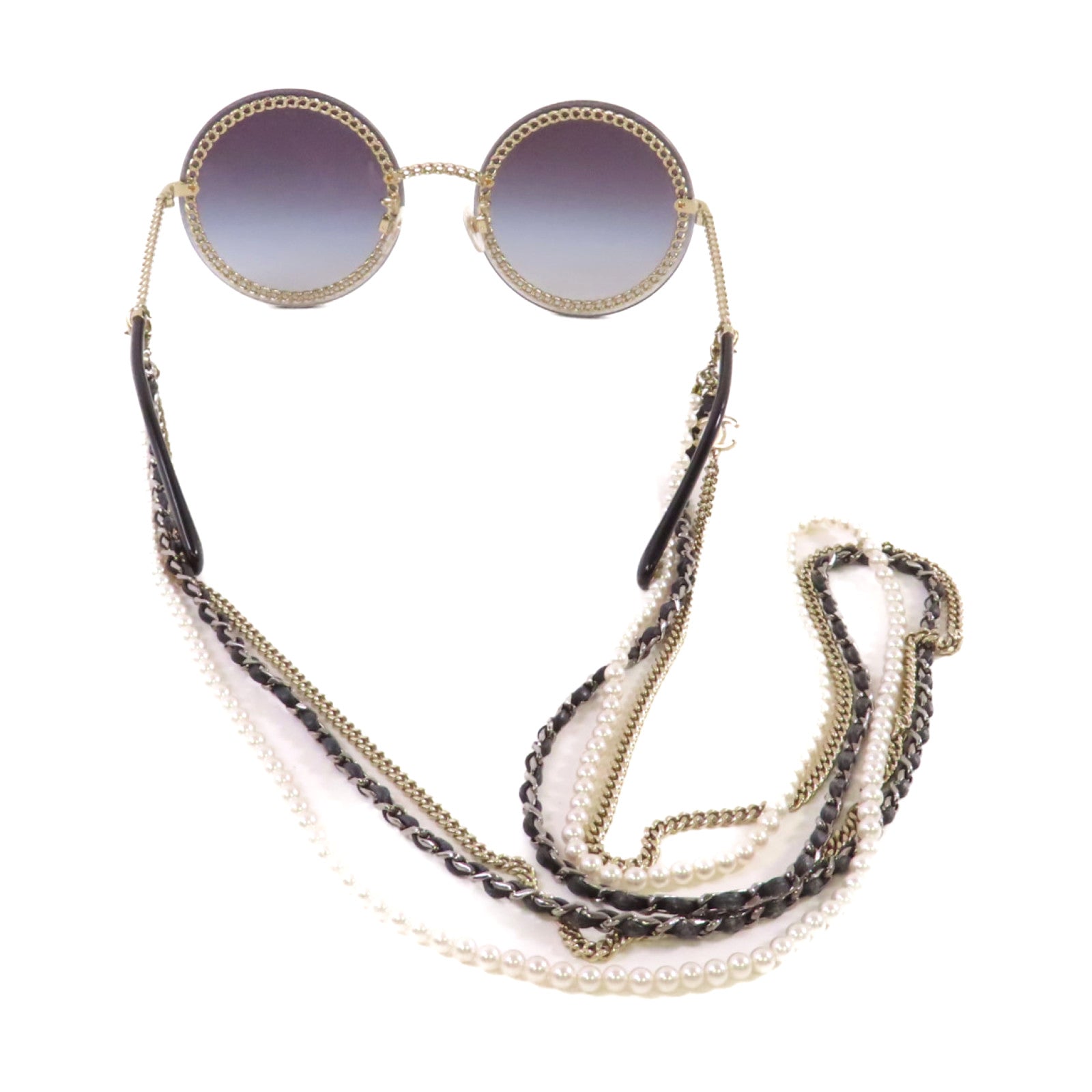 CHANEL 金屬/PVC/仿珍珠Sunglasses with Strap太陽眼鏡黑色