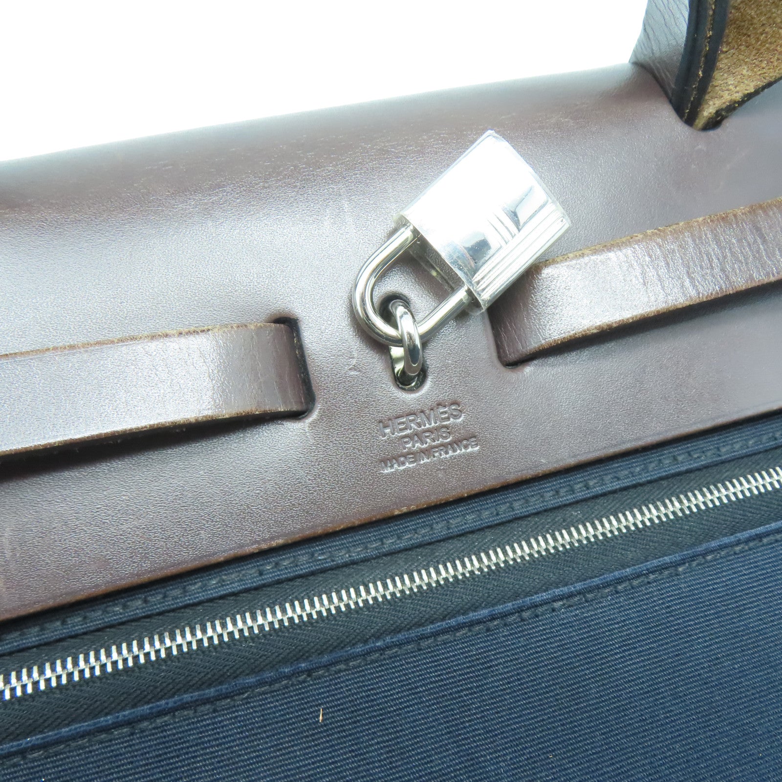 HERMES 【激減優惠】帆布/皮革Herbag PM銀扣手挽肩背兩用袋深藍色/啡色