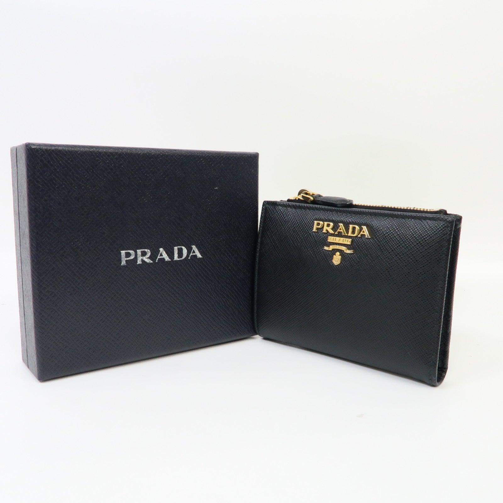 PRADA 牛皮皮革Saffiano Wallet金扣錢包黑色