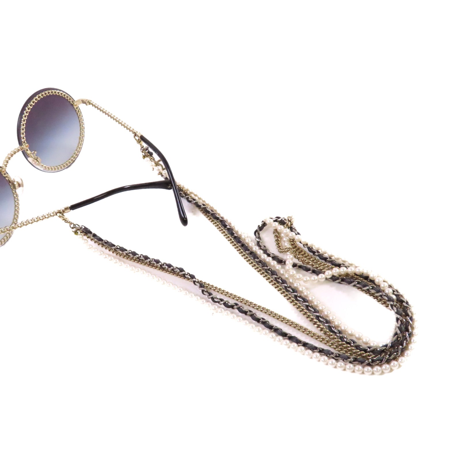 CHANEL 金屬/PVC/仿珍珠Sunglasses with Strap太陽眼鏡黑色