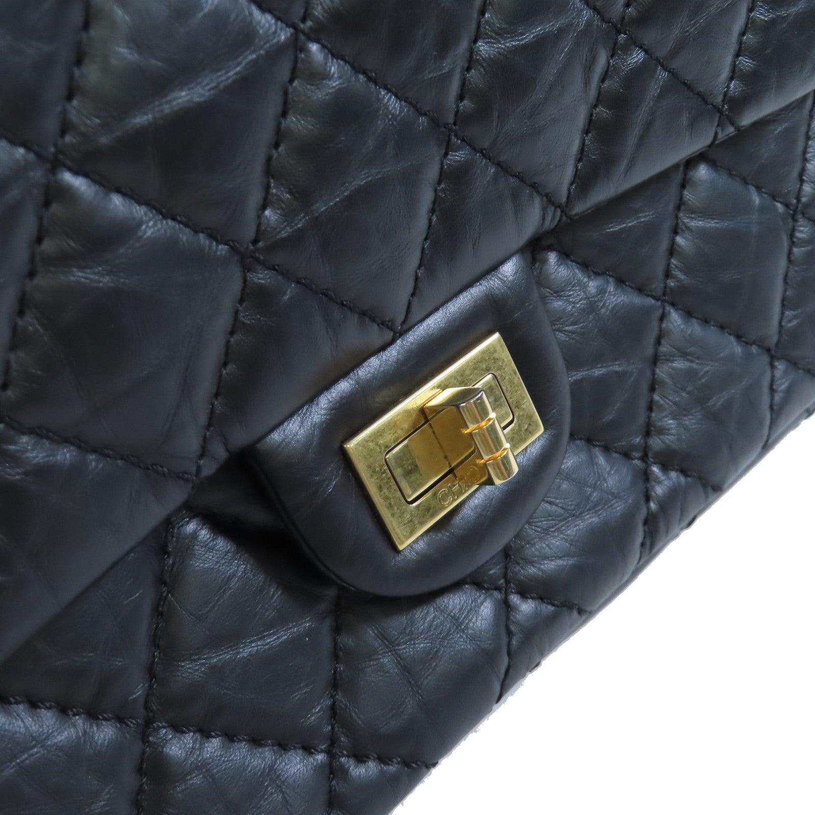 CHANEL 菱格羊皮皮革2.55 Medium Chain Shoulder Bag金扣鏈帶肩背袋黑色