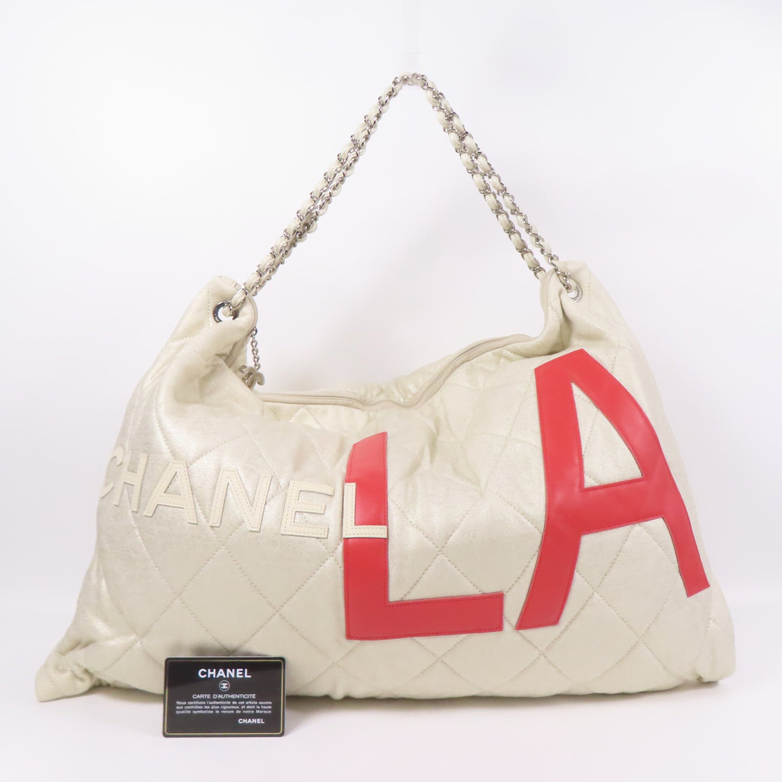 CHANEL 帆布Tote Bag銀扣鏈帶肩背袋