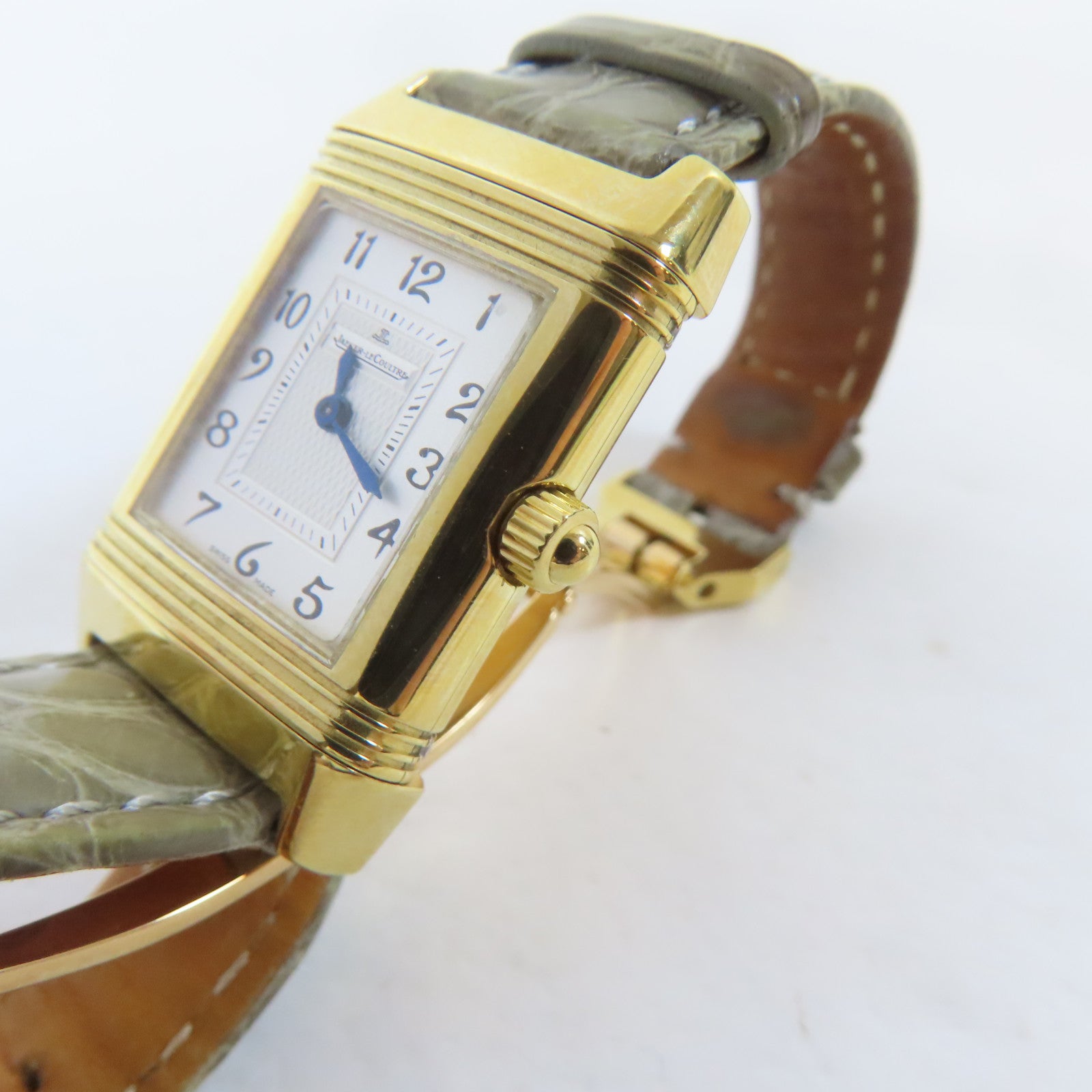 JAEGER-LECOULTRE Reverso Duetto18K黃金/鱷魚皮革手錶自動機芯銀色#15.25cm