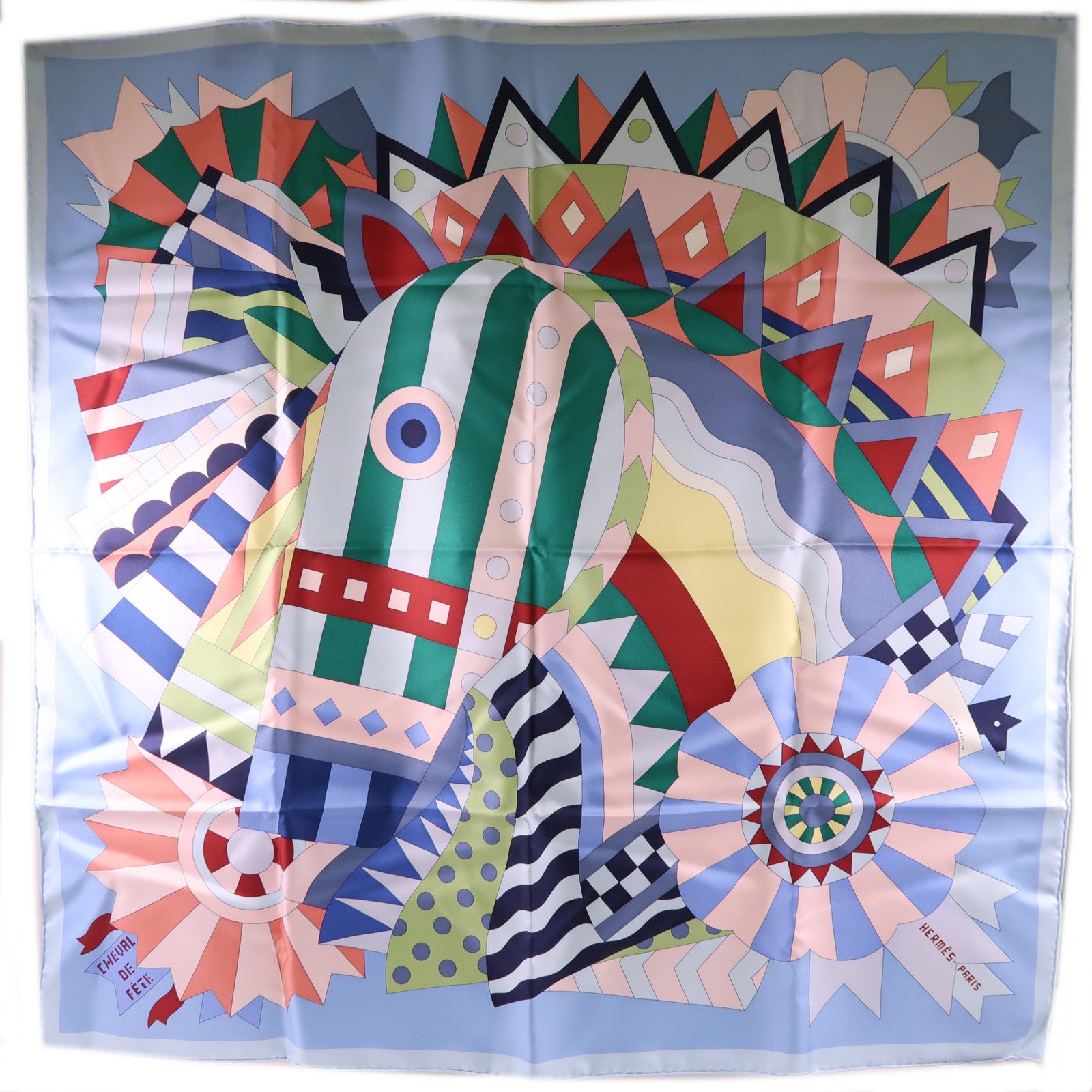 HERMES Scarf 90X90 Silk Blue Green Red Pink White