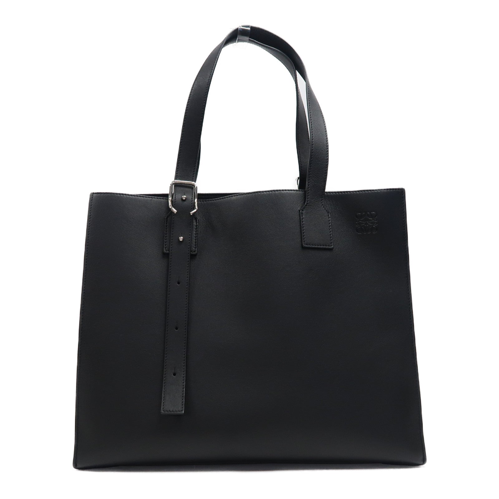 LOEWE 牛皮皮革Buckle Horizontal Tote銀扣肩背袋黑色
