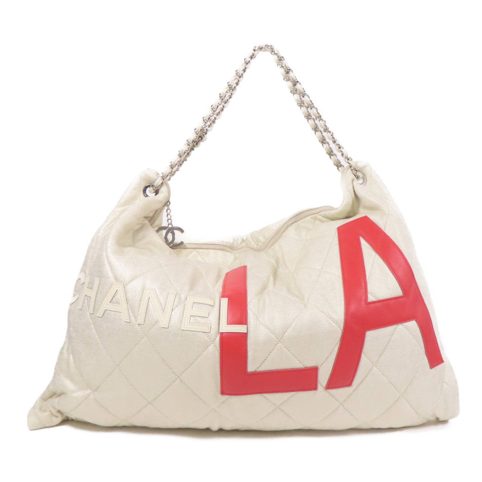 CHANEL 帆布Tote Bag銀扣鏈帶肩背袋