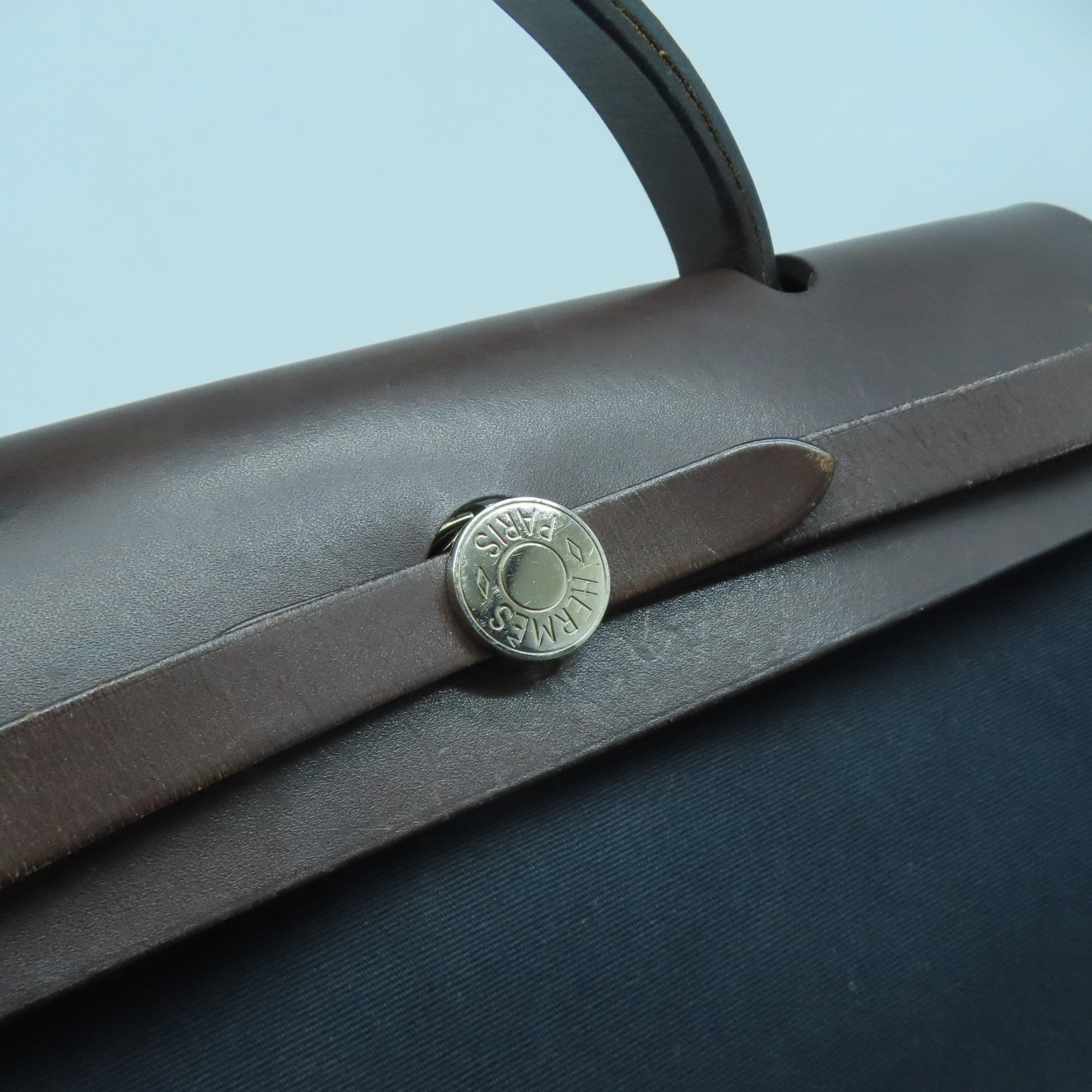 HERMES 【激減優惠】帆布/皮革Herbag PM銀扣手挽肩背兩用袋深藍色/啡色